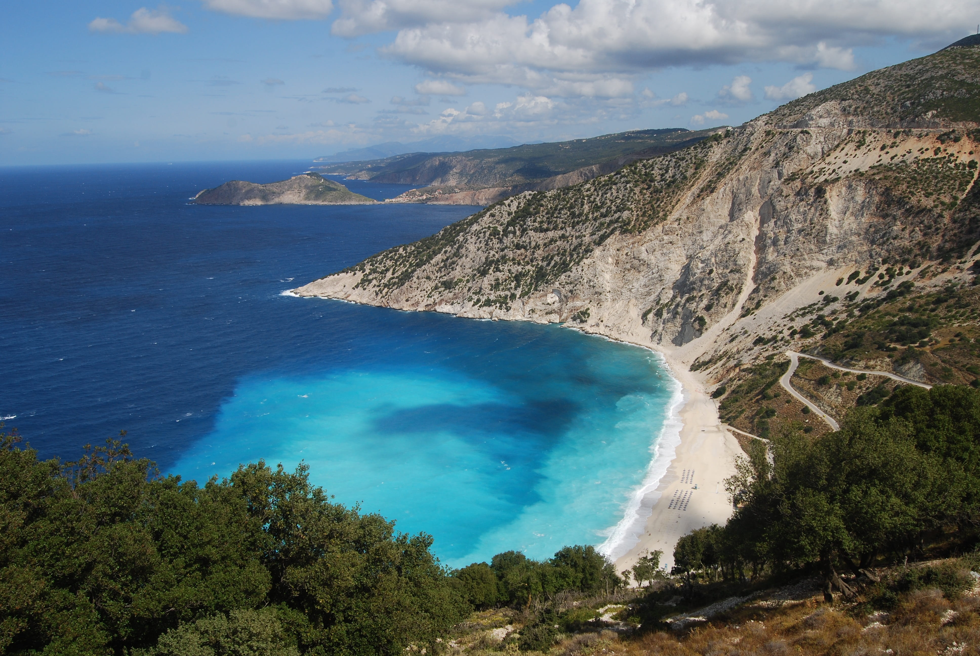 tranquil scene, idyllic, day, mountainous, turquoise, turquoise colored, kephalonia, horizon over water, surf, land, water, 4K, beach lie, bushes, dark blue, HD Wallpaper
