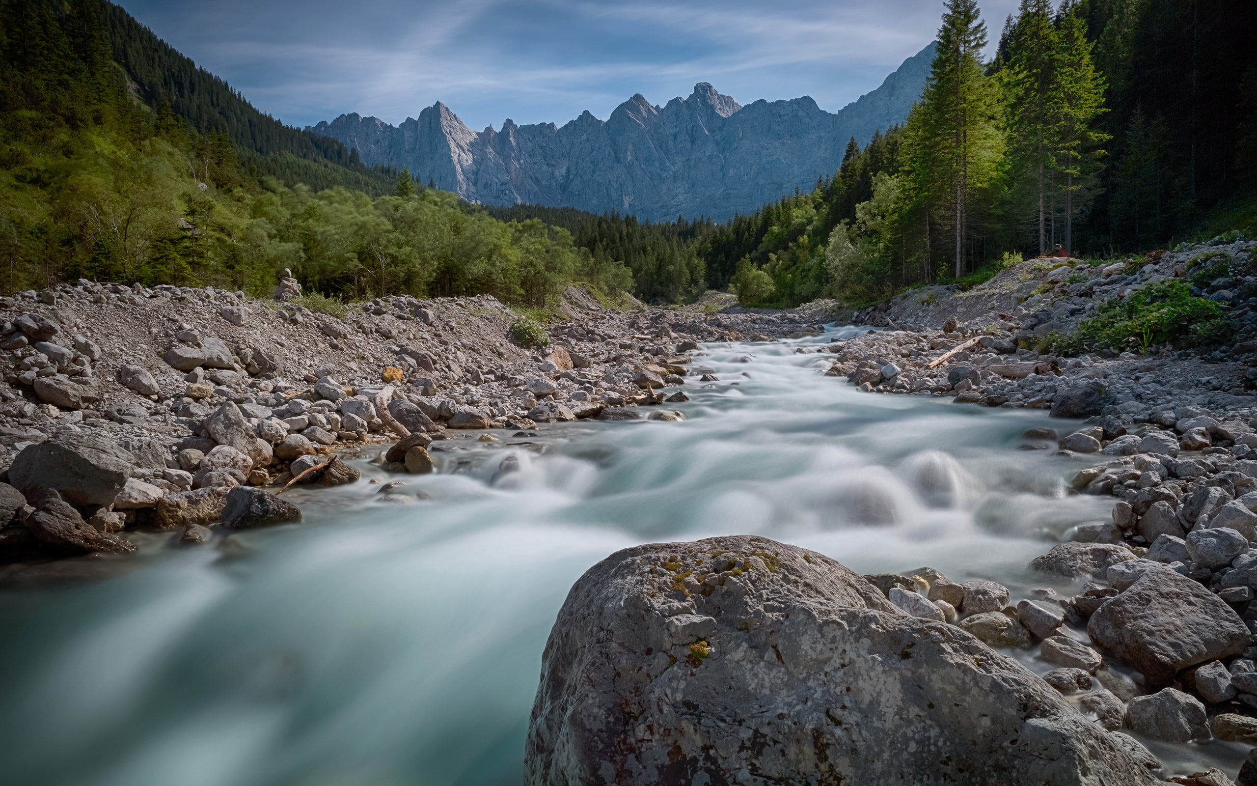 mountains, trees, 2K, rocks, landscape, nature, forest, river, hd, stones, HD Wallpaper