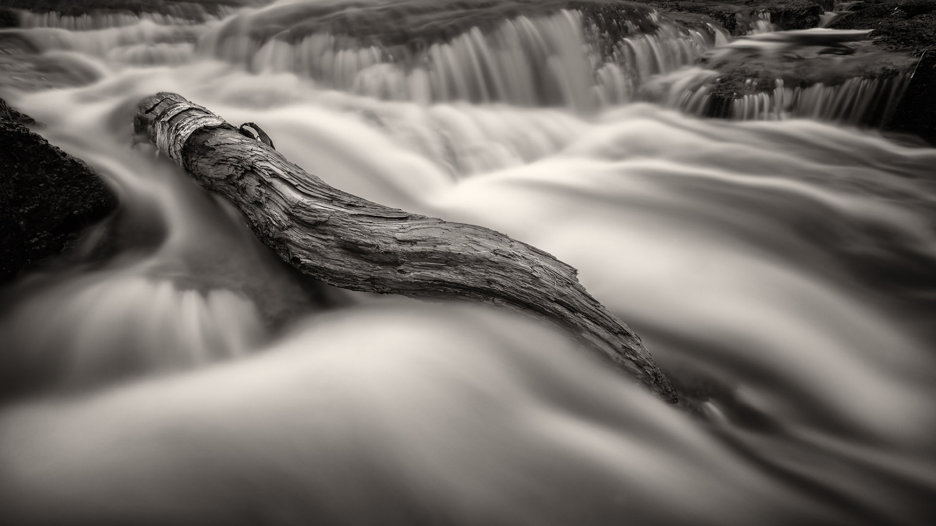 1080P, river, nature, log, stream, motion blur, monochrome, water, long exposure, HD Wallpaper