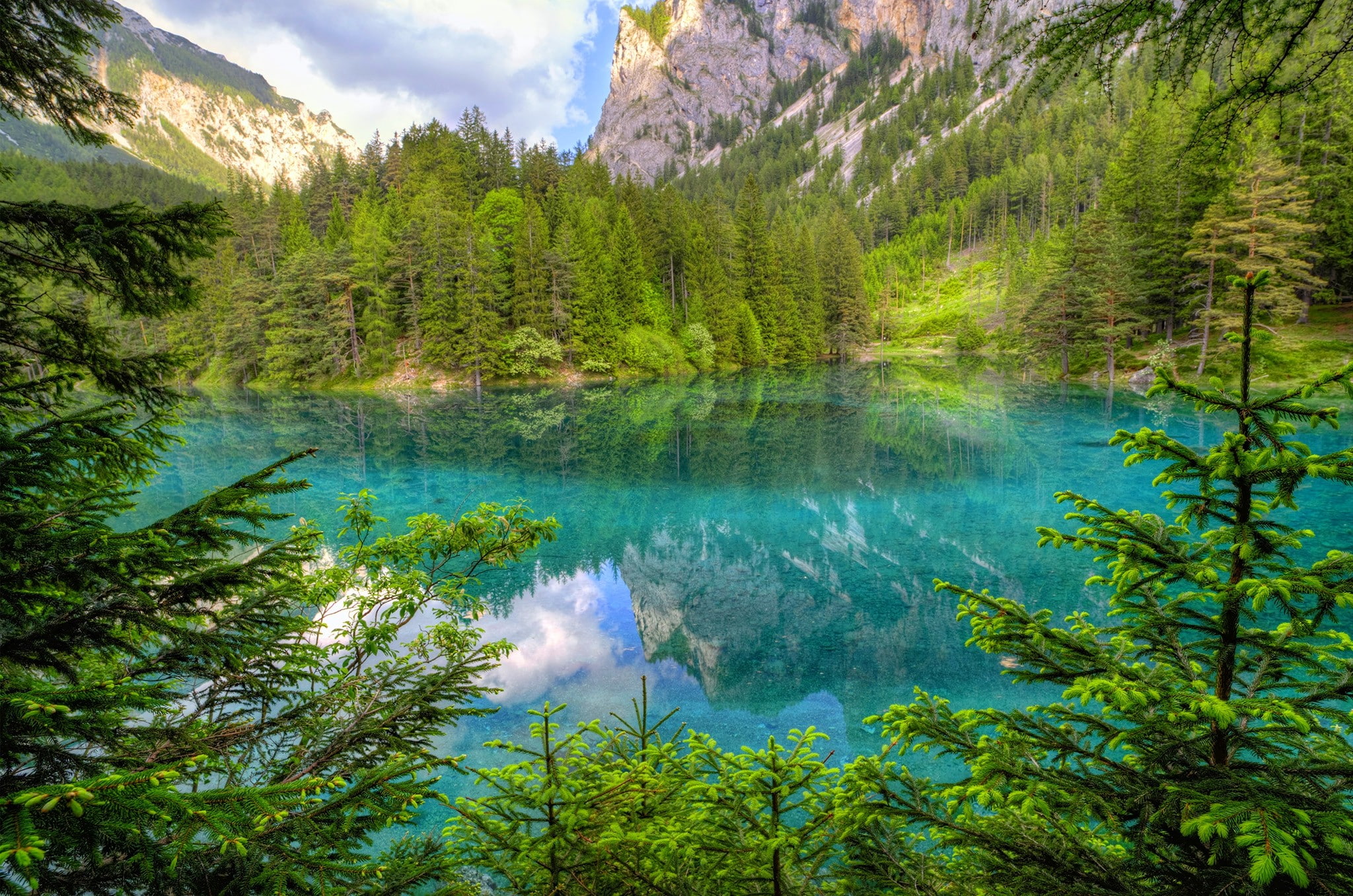 1080P, landscape, water, scenics - nature, summer, lake, beauty in nature, coniferous tree, outdoors, green color, forest, day, cloud - sky, Austria, tranquility, HD Wallpaper