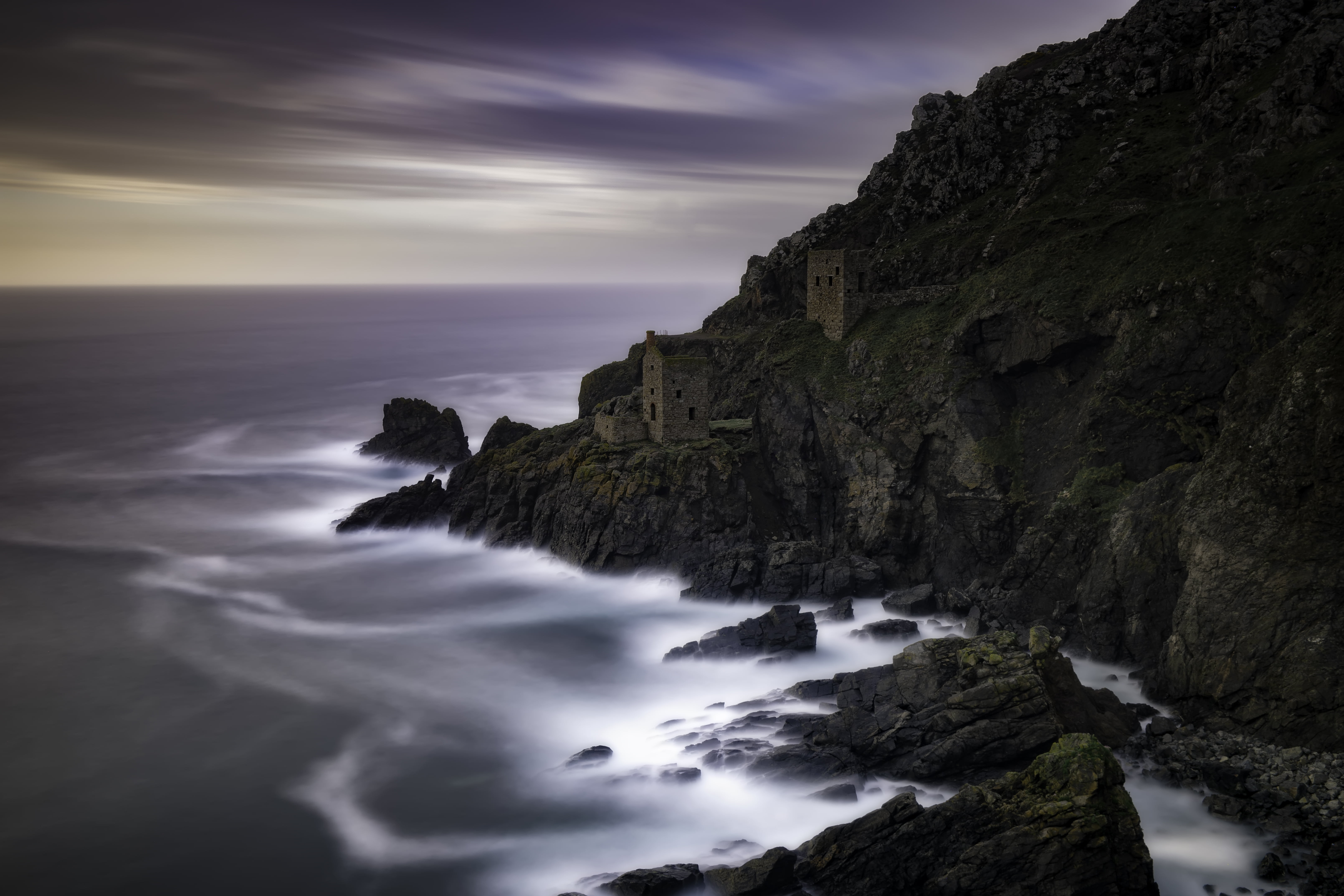 photography, jones, mines, atlantic, scenics, hills, seascape, landscape, coast, country, wave, campbell, mine, tin, rock - Object, cliff, waves, Houses, HD Wallpaper