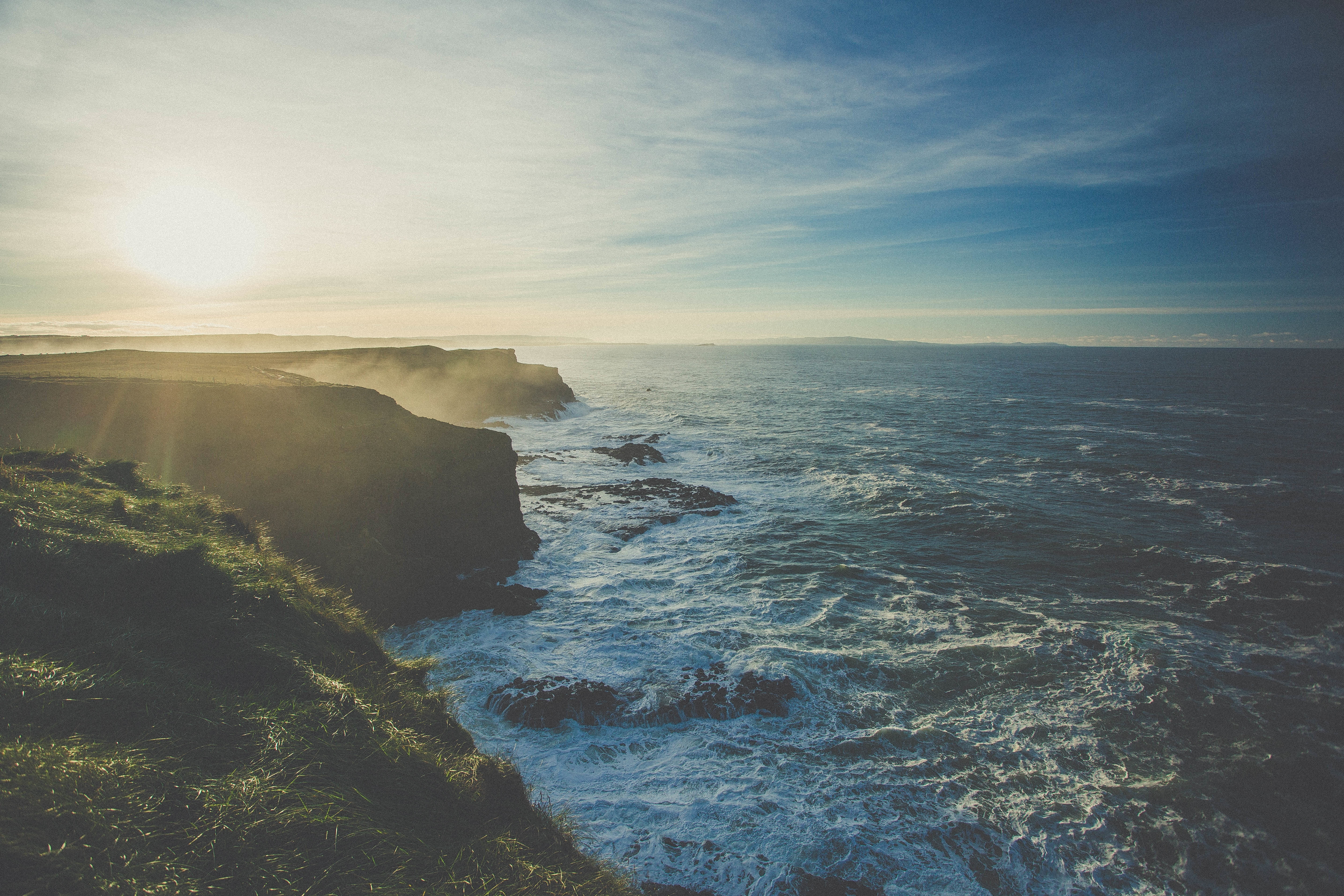 sunset, scenics, land, sea, aquatic sport, travel, breaking, cliffs of Moher, cloud - Sky, blue, power in nature, rock - Object, landscape, coast, waters Edge, HD Wallpaper