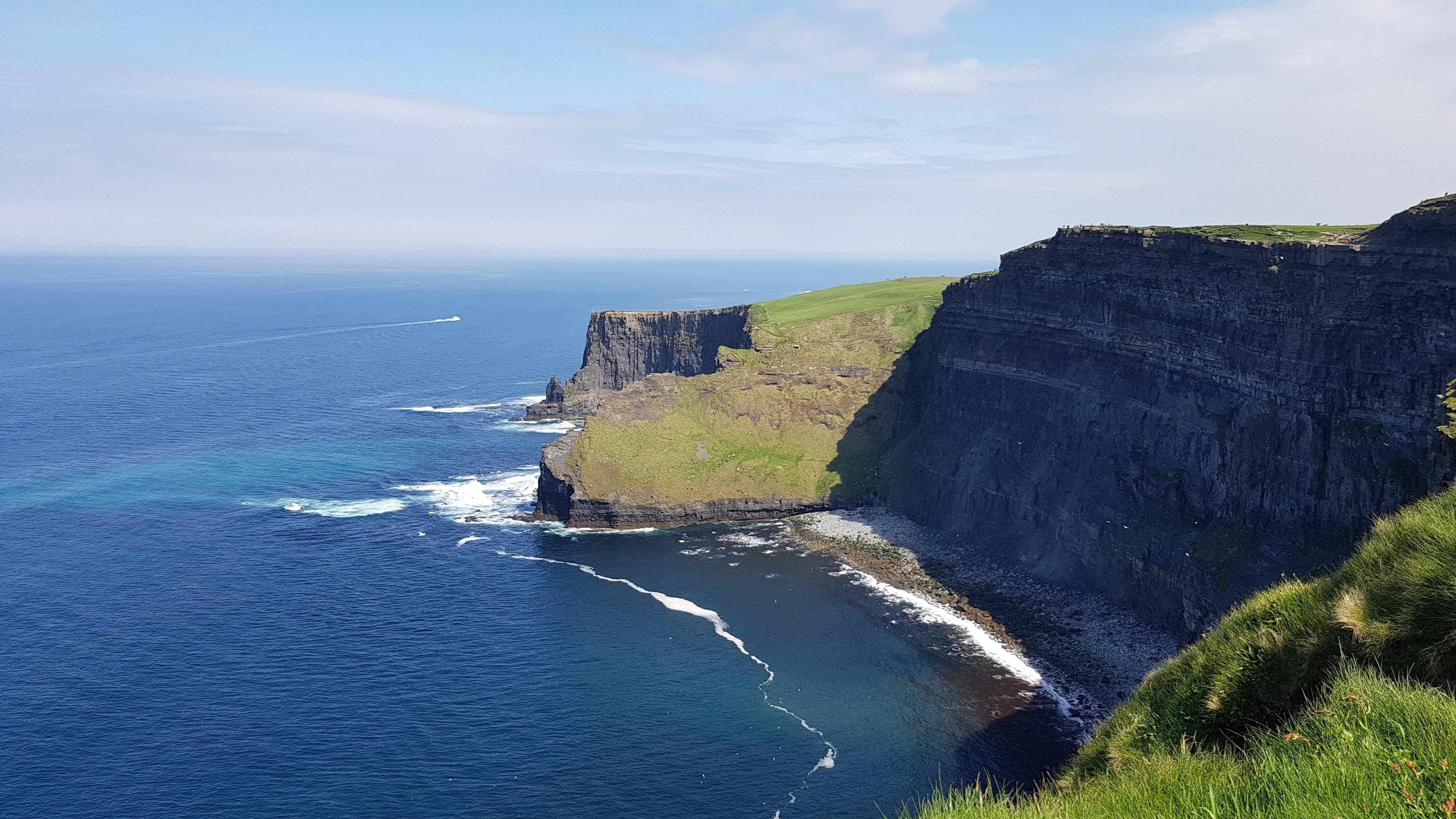 beach, no people, sea, water, eroded, landscape, nature, horizon, ireland, cliffs, rocky coastline, rock formation, day, cliff, sky, non-urban scene, tranquility, HD Wallpaper