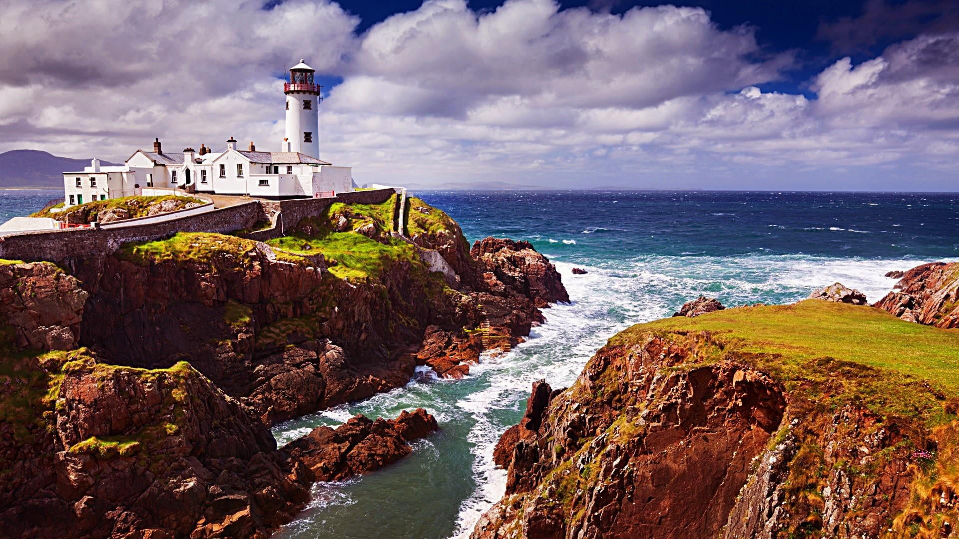 ireland, travel, land, no people, 1080P, sky, cloud - sky, cliff, built structure, scenics - nature, sea, beach, shore, coastline, fanad, architecture, HD Wallpaper