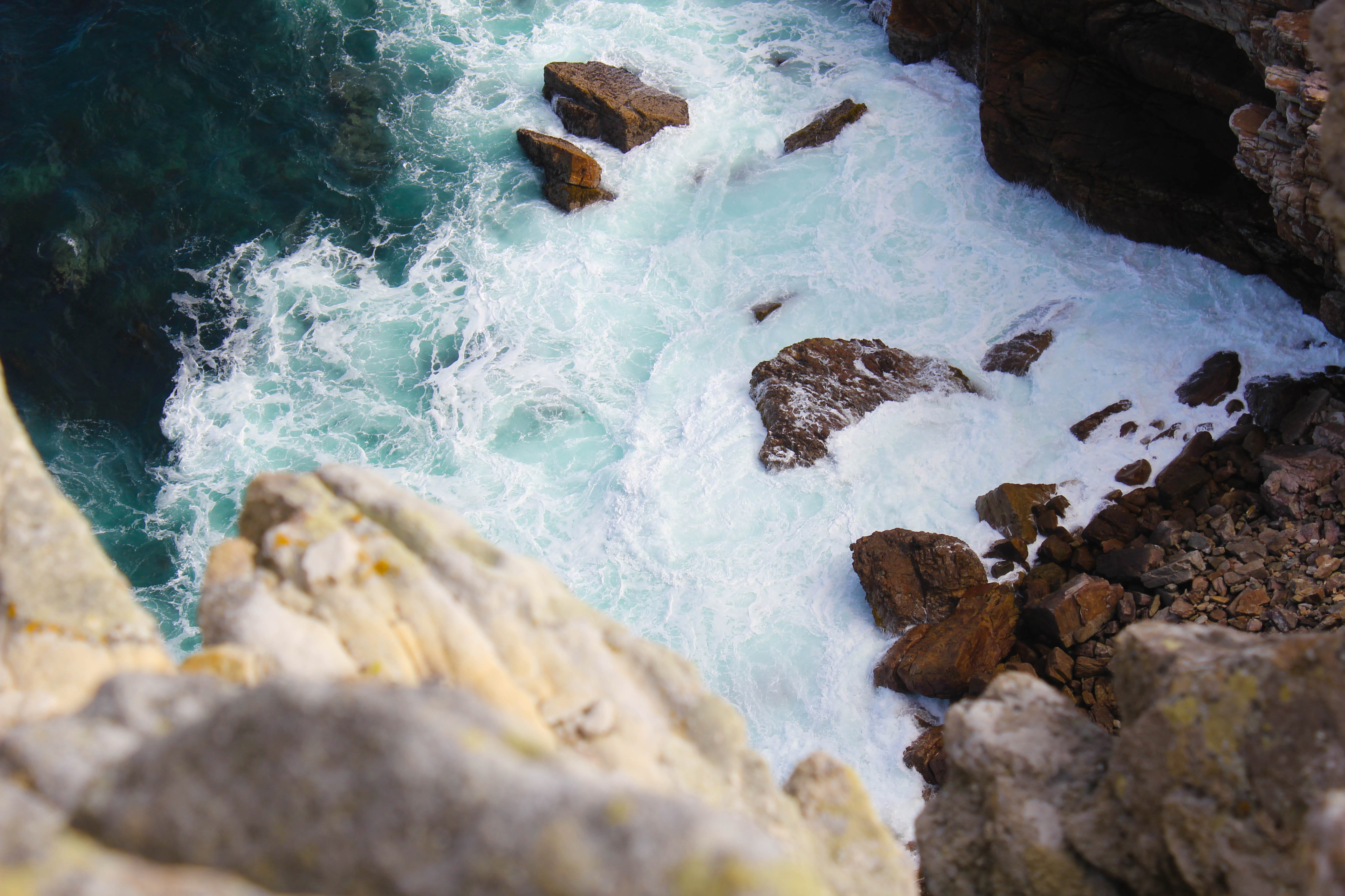 outdoors, solid, water, rock, flowing water, splashing, high angle view, 5K, no people, rock - object, nature, day, rock formation, flowing, cape of good hope, HD Wallpaper