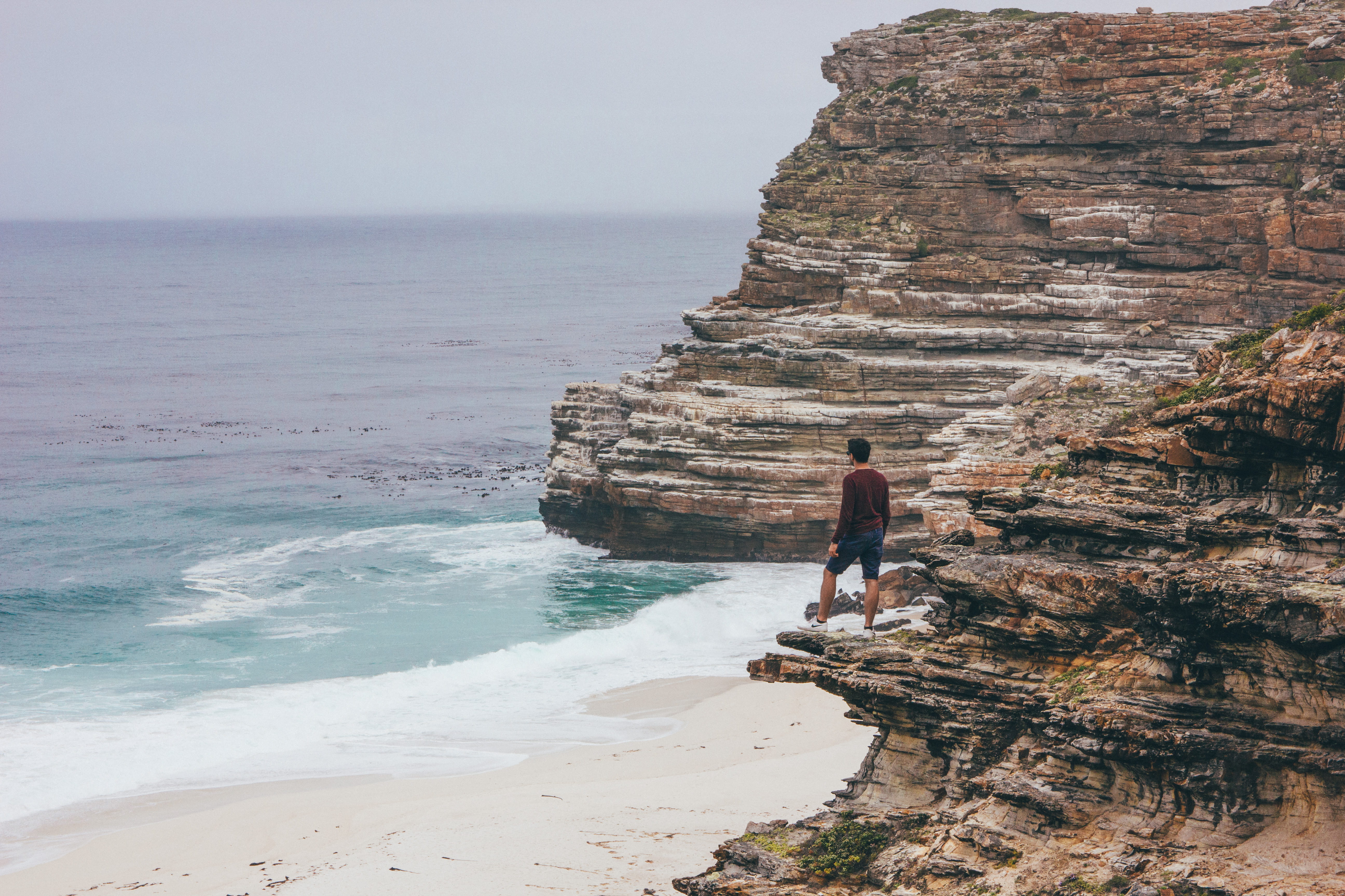 lookout, cape of good hope, nature, rock formation, rear view, water, ocean, sea, south africa, solid, one person, man, cape town, scenics - nature, 5K, HD Wallpaper