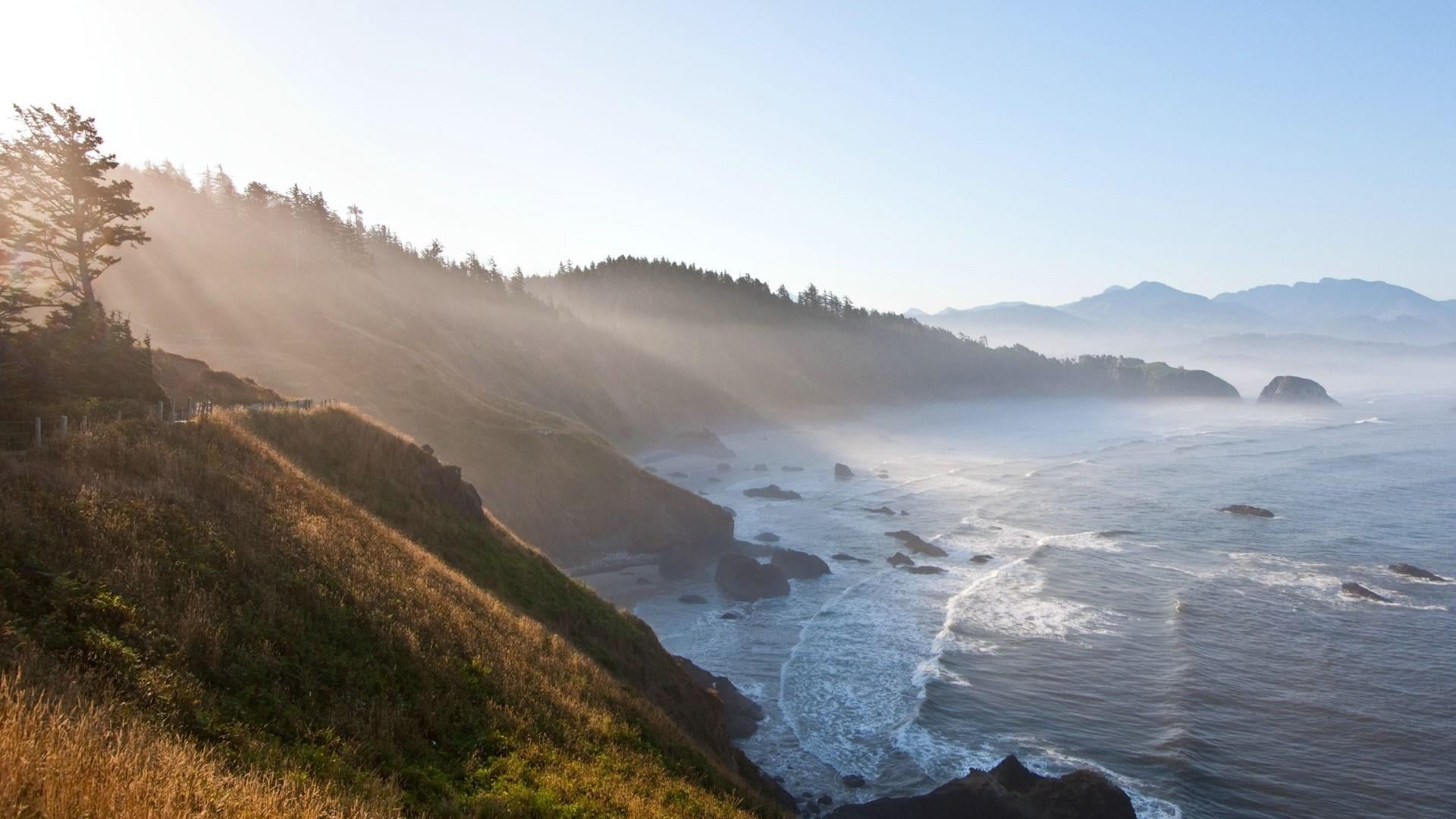 newport, mist, environment, no people, sea, 1080P, tranquility, water, coast, landscape, sky, ocean, headlands, united states, shore, oregon, tranquil scene, HD Wallpaper