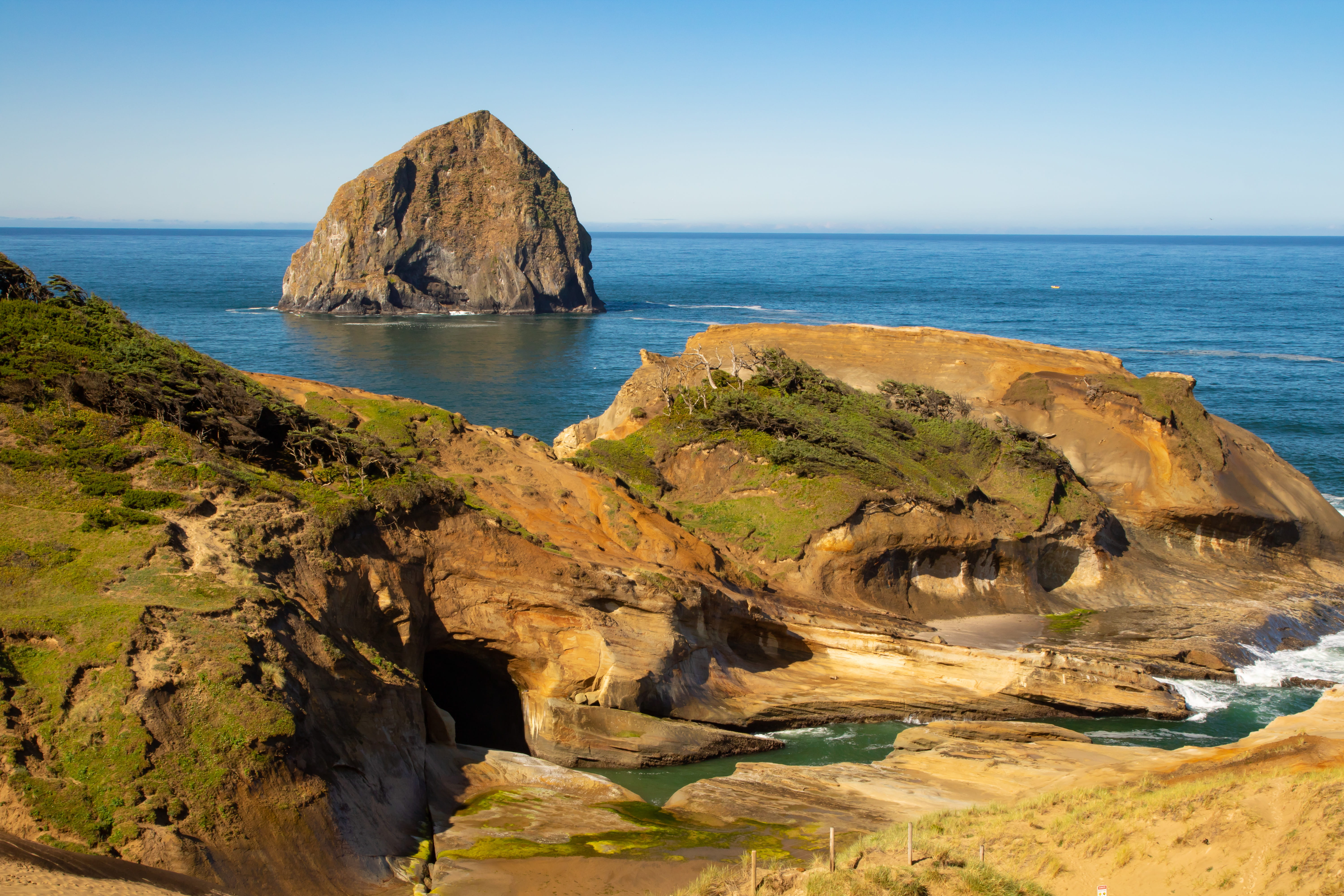 water, landscape, day, rock - object, peninsula, scenery, rock formation, pacific city, aerial, solid, horizon over water, nature, rocky coastline, clear sky, HD Wallpaper