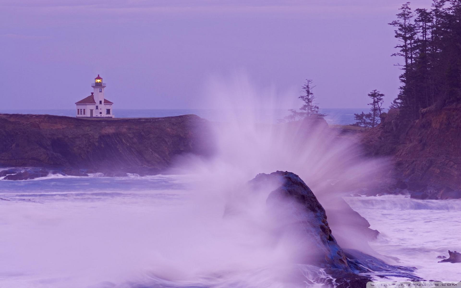 mist, pink, arago, waves, lighthouse, 1080P, breaking, nature and landscapes, rocks, wave, cape, HD Wallpaper