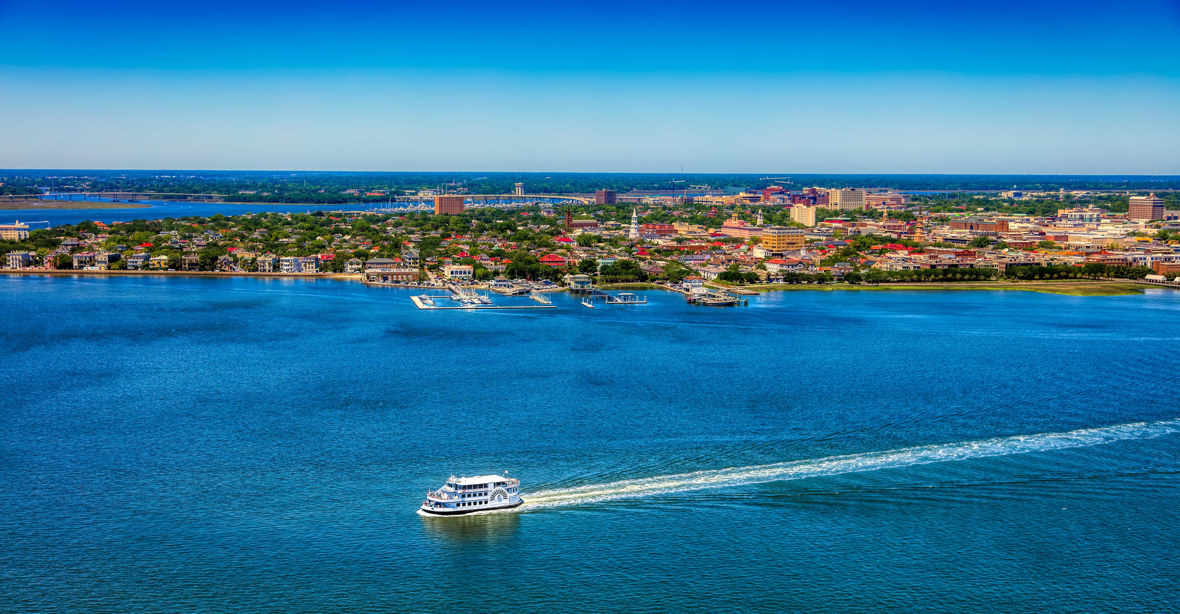 blue, ocean, vacation, harbor, waterfront, panorama, ferry, travel destinations, cruise ship, transportation, cityscape, bay, aerial view, ship, building exterior, HD Wallpaper