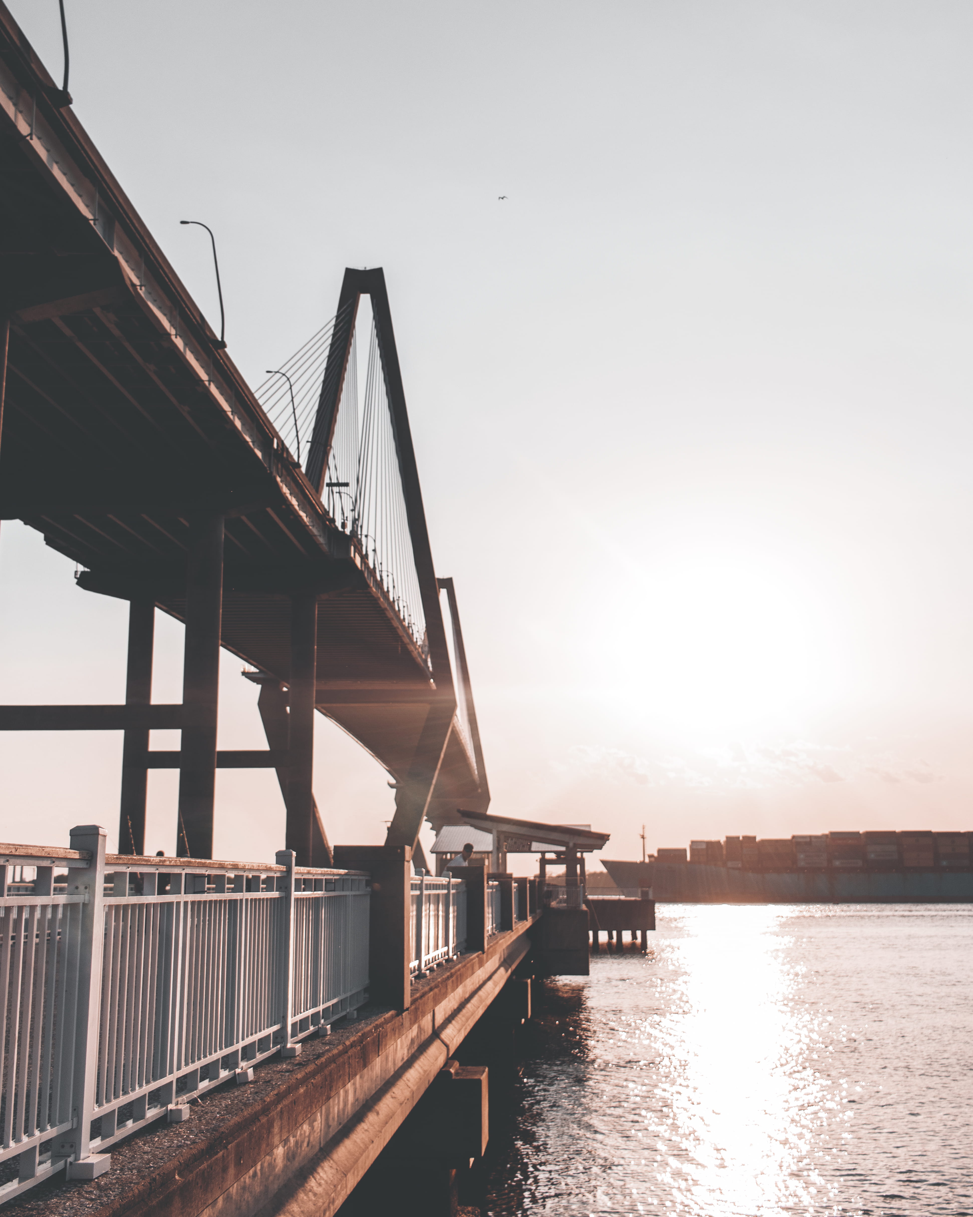 connection, ship, building exterior, bridge - man made structure, shipping, sunlight, arthur ravenel jr. bridge, architecture, huge, engineering, bridge, Phone HD Wallpaper
