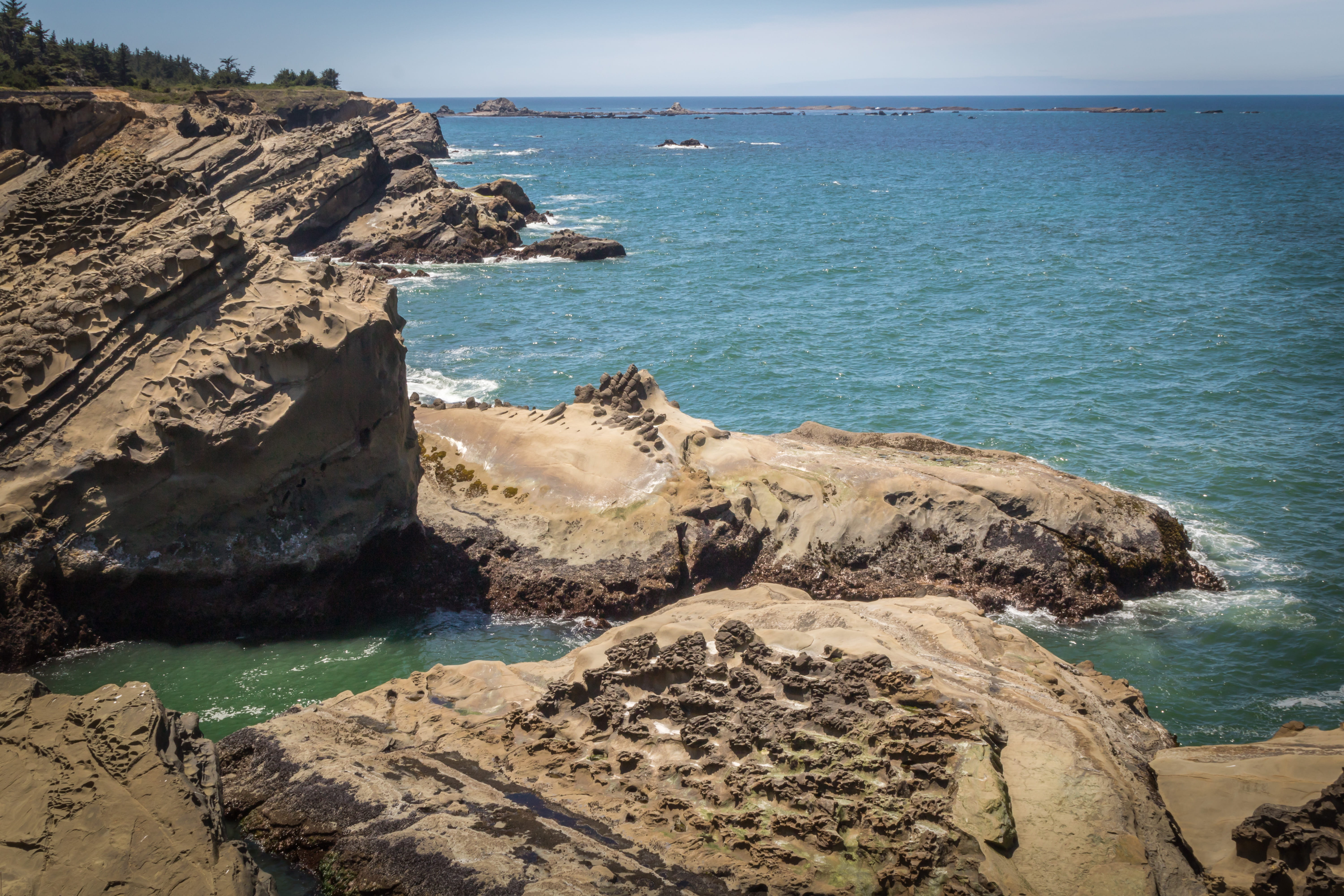 no people, rock, sea, horizon, water, sky, solid, stack rock, 5K, coos bay, land, shore acres state park, eroded, nature, united states, beach, cliff, HD Wallpaper