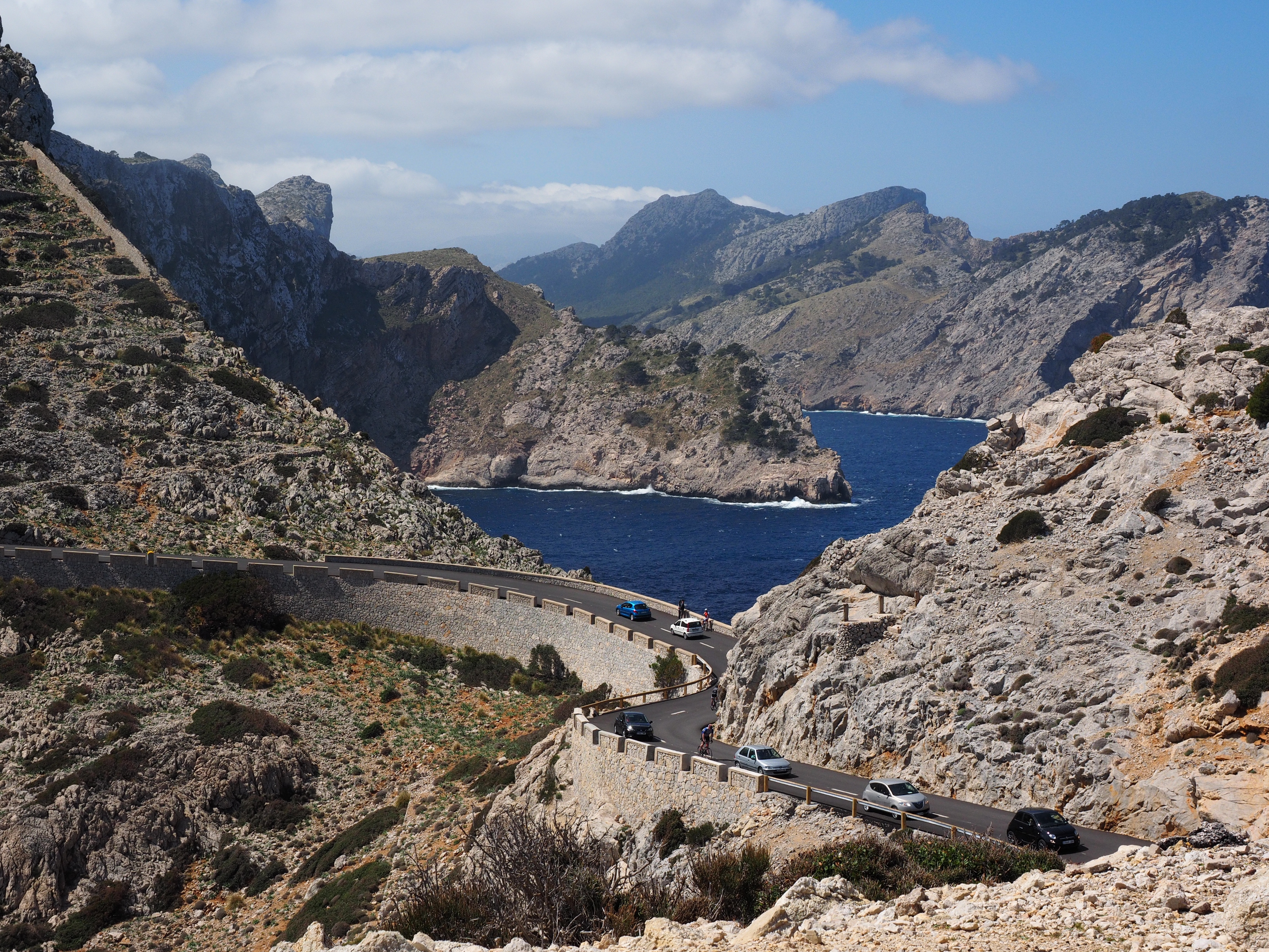 mallorca, 4K, car, nature, tranquility, sea, mountain, formation, scenics - nature, day, pass road, traffic, booked, cloud - sky, solid, rock - object, HD Wallpaper