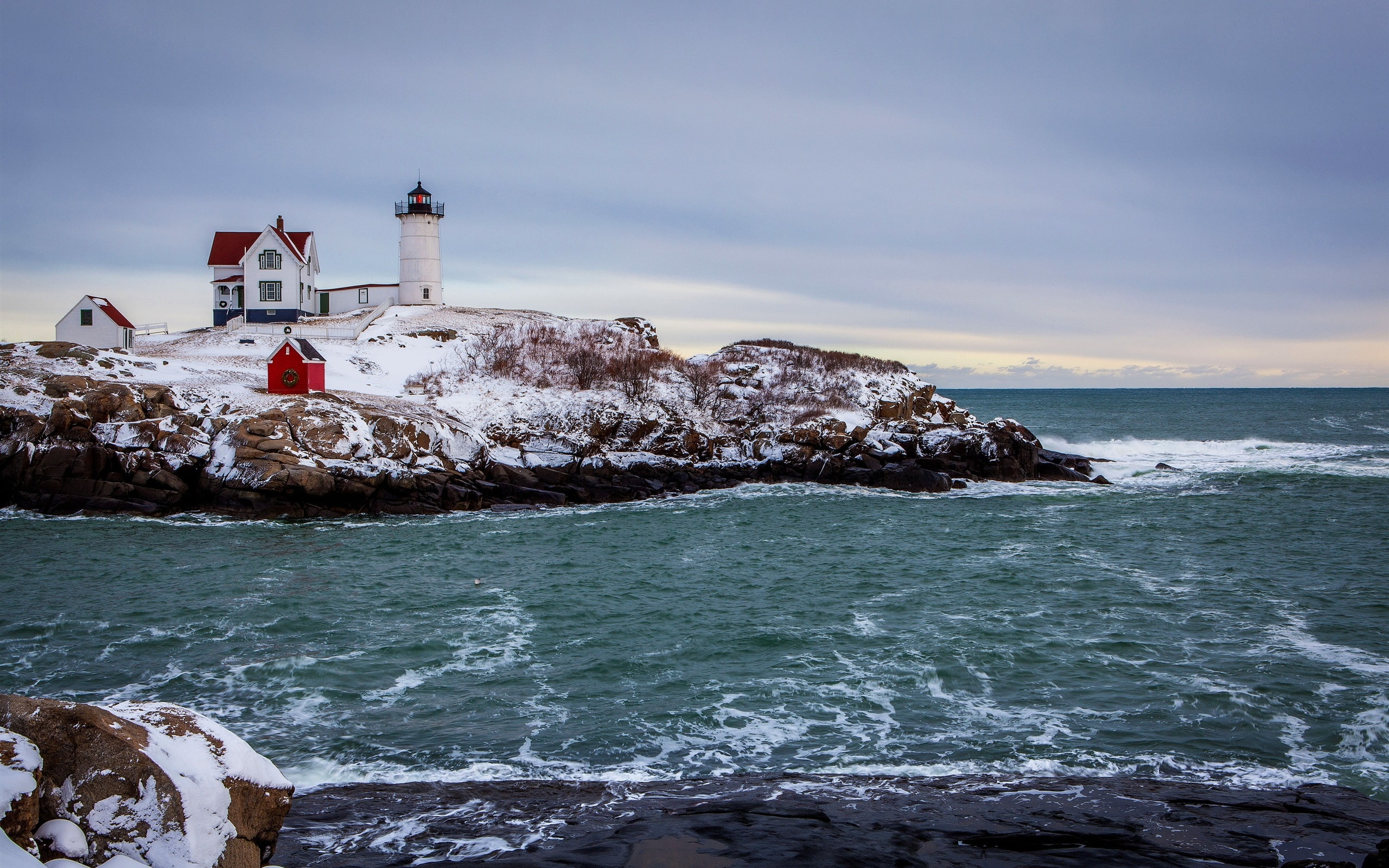 Winter, Lighthouse, Sea, Coast, House, 2K, Snow, HD Wallpaper