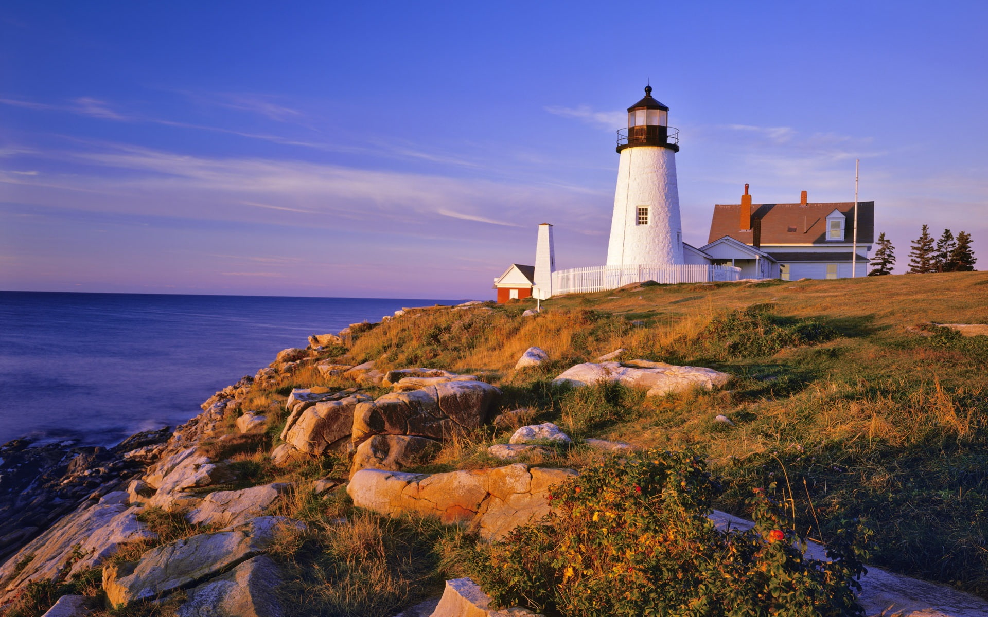 white, USA, 1080P, Cliff, pemaquid, light, Lighthouse, brown, cliffs, wooden, house, HD Wallpaper