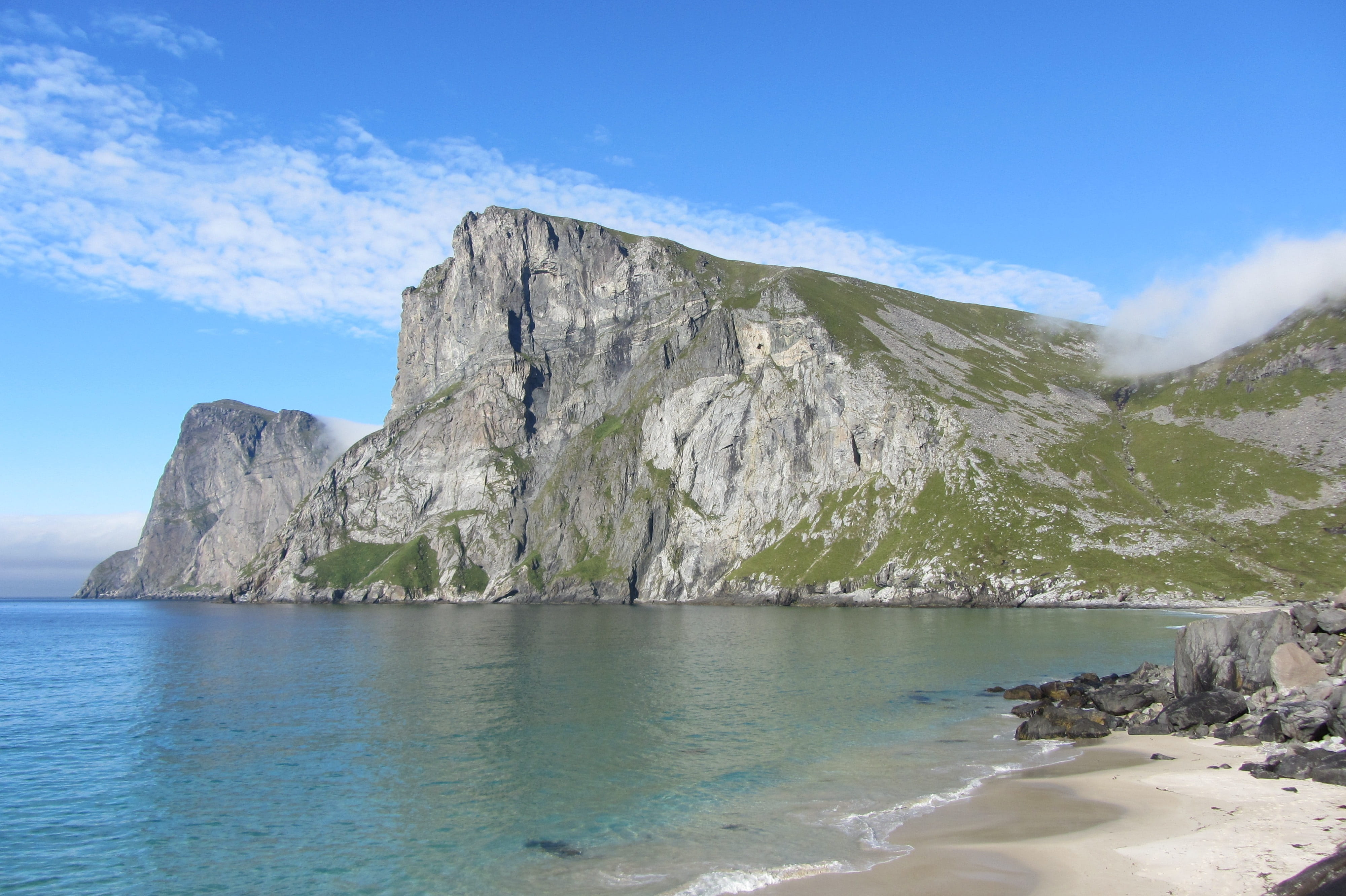 norway, non-urban scene, mountain, tranquil scene, summer, land, landscape, lofoten, no people, sea, formation, beauty in nature, idyllic, cloud - sky, HD Wallpaper