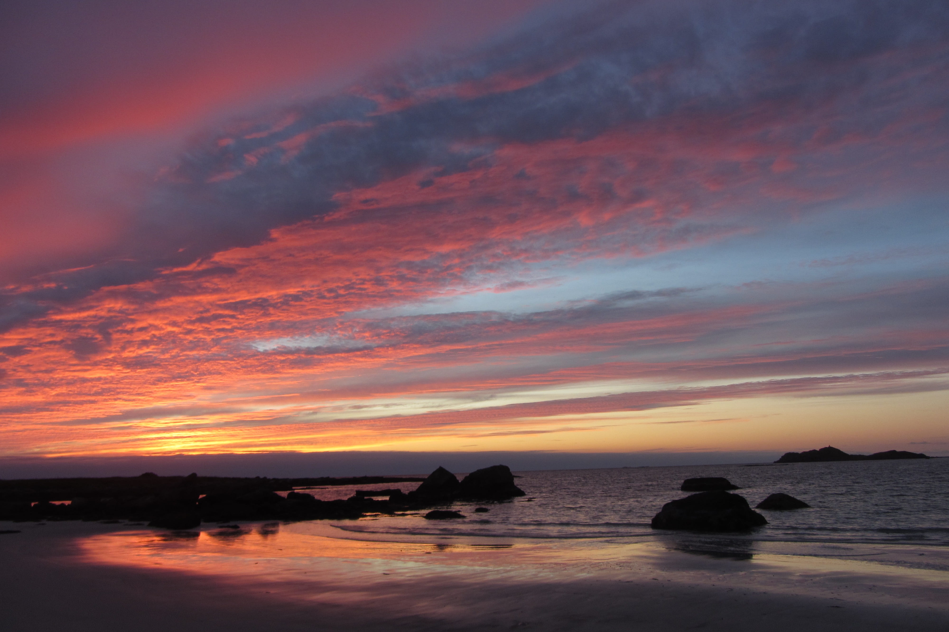 sky, solid, rock, sun, nature, norway, outlook, orange color, water, land, cloud - sky, lofoten, landscape, sunset, tranquility, tranquil scene, holiday, HD Wallpaper