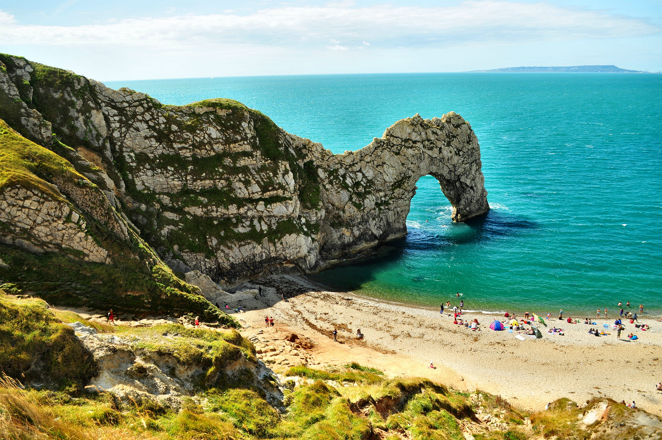 turquoise colored, outdoors, rock, west lulworth, land, rocks, nature, rock formation, shore, united kingdom, sky, england, seaside, blue, natural arch, HD Wallpaper