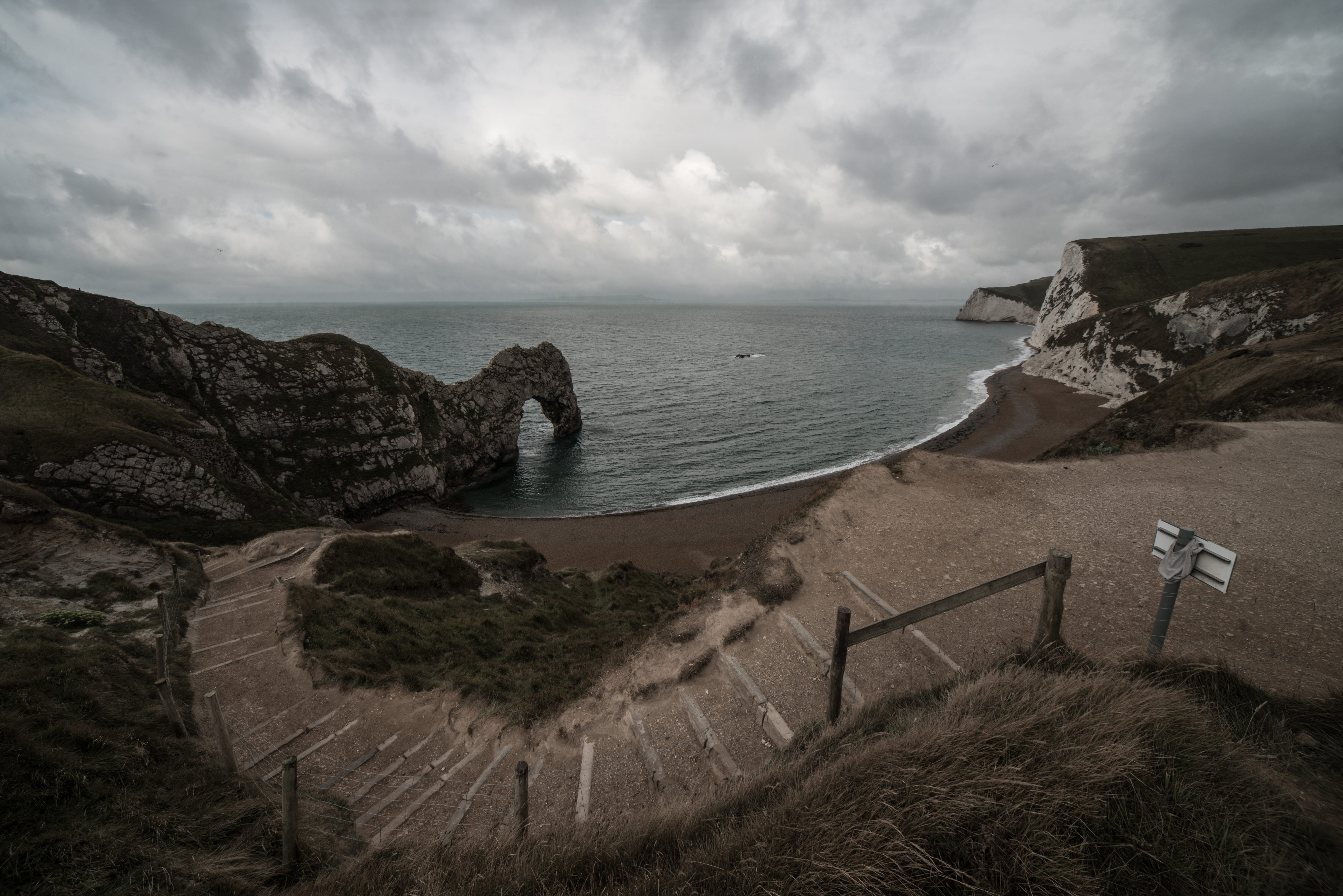 railing, day, no people, rock, sea, horizon over water, nature, wide lens, architecture, coast, water, scenics - nature, staircase, england, horizon, sky, HD Wallpaper