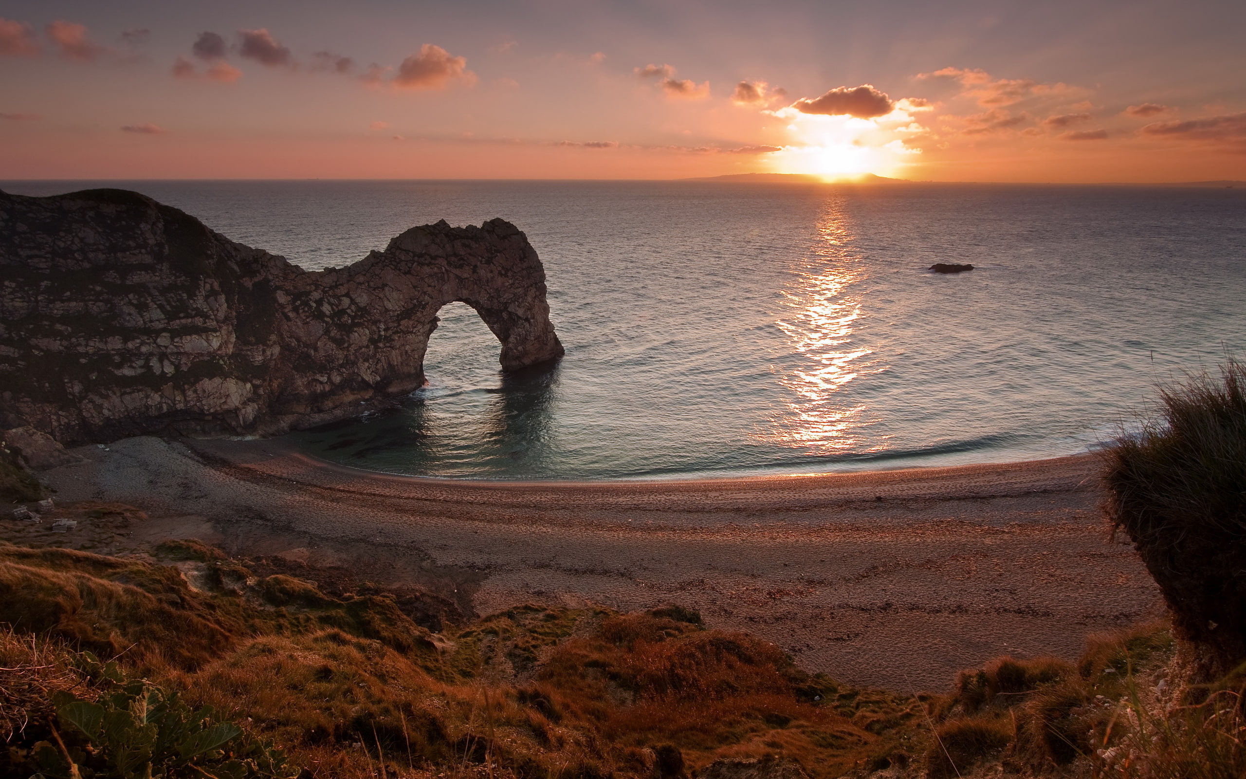 rocks, landscape, West Lulworth, sunset, 2K, England, sea, HD Wallpaper