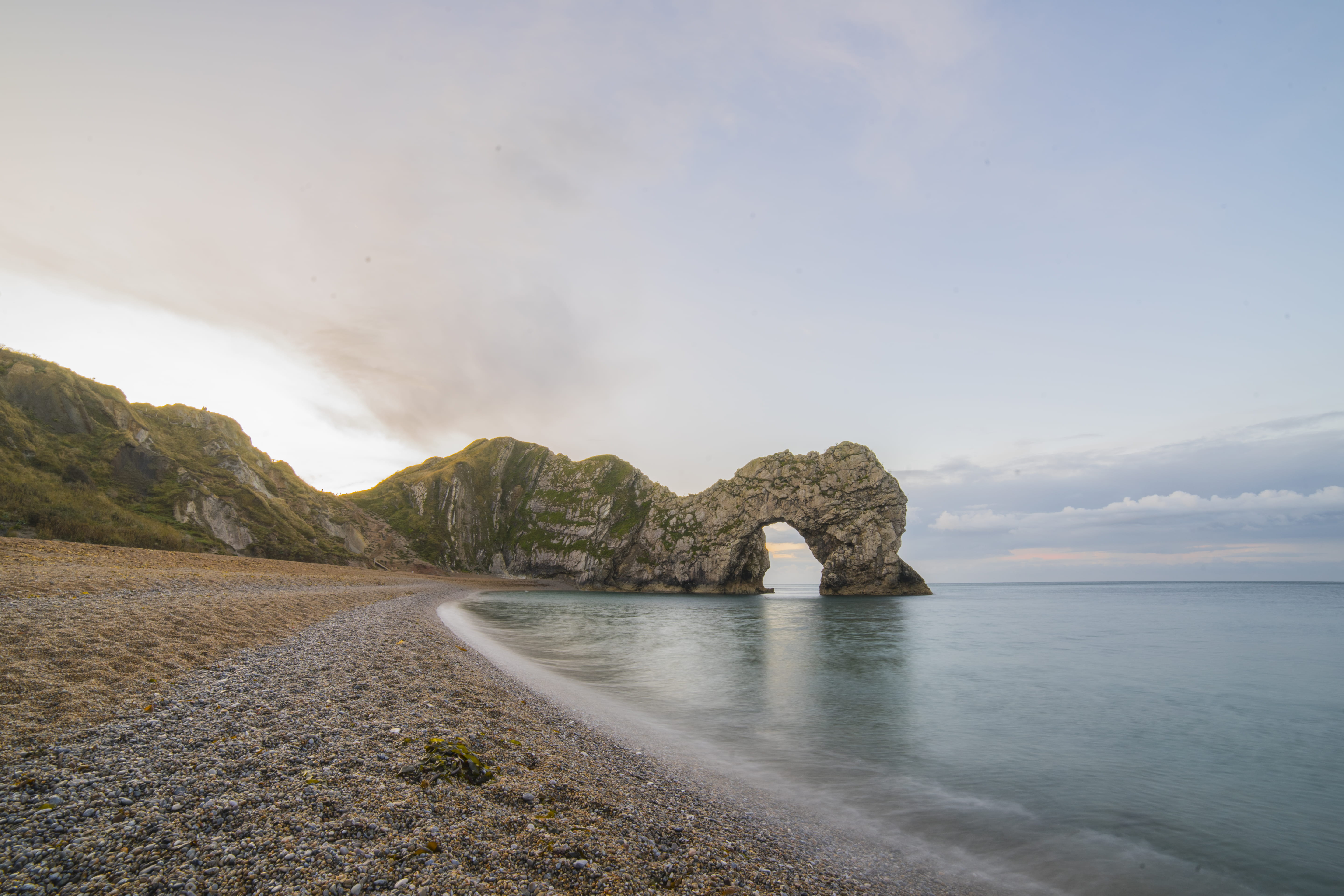 sea, rock - object, arch, tranquility, sky, 5K, land, water, wareham, united kingdom, scenics - nature, day, nature, mountain, idyllic, cloud - sky, non-urban scene, HD Wallpaper