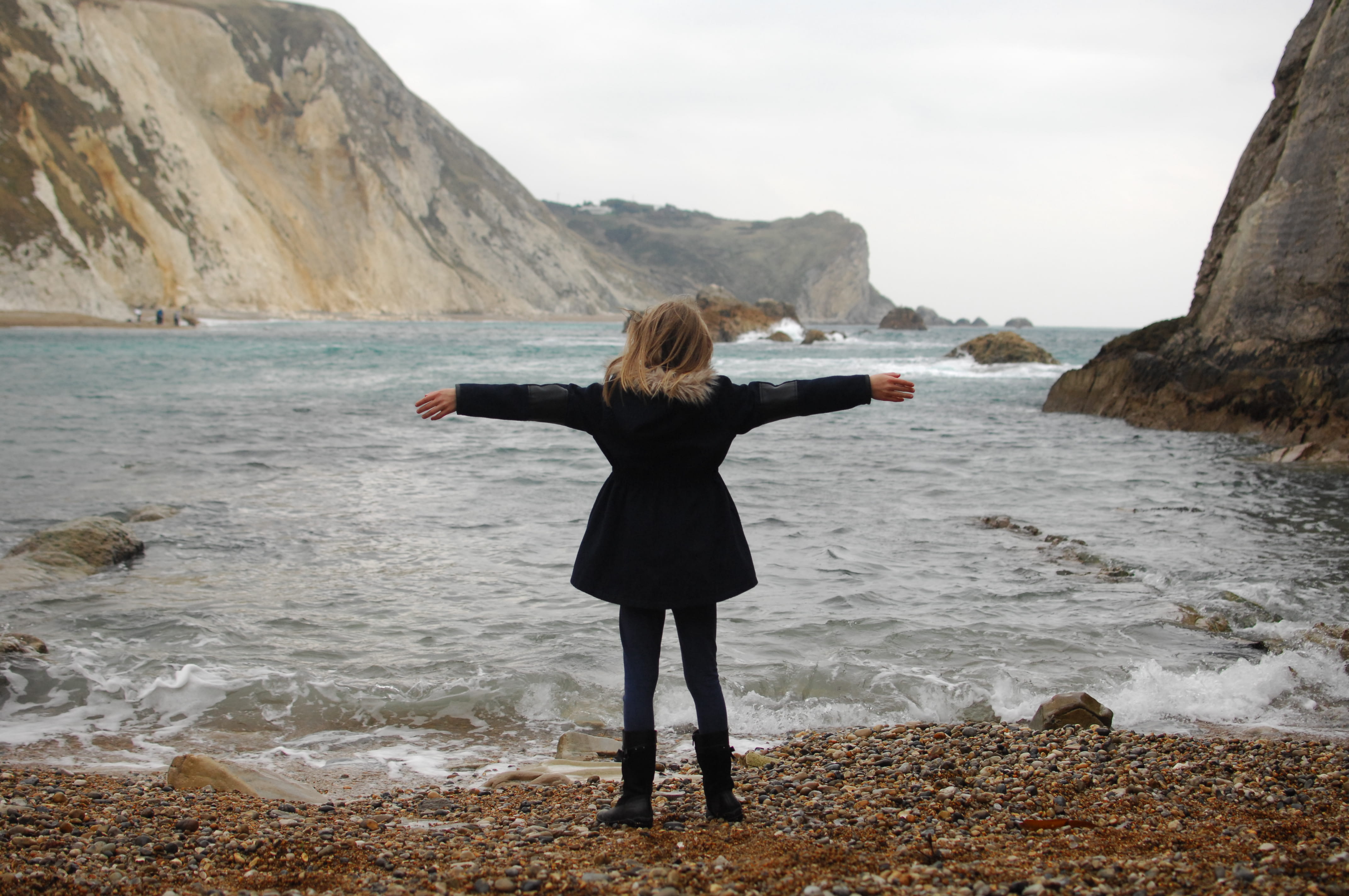 water, united kingdom, standing, 4K, women, land, scenics - nature, young women, beauty in nature, leisure activity, rock - object, sea, solid, one person, HD Wallpaper