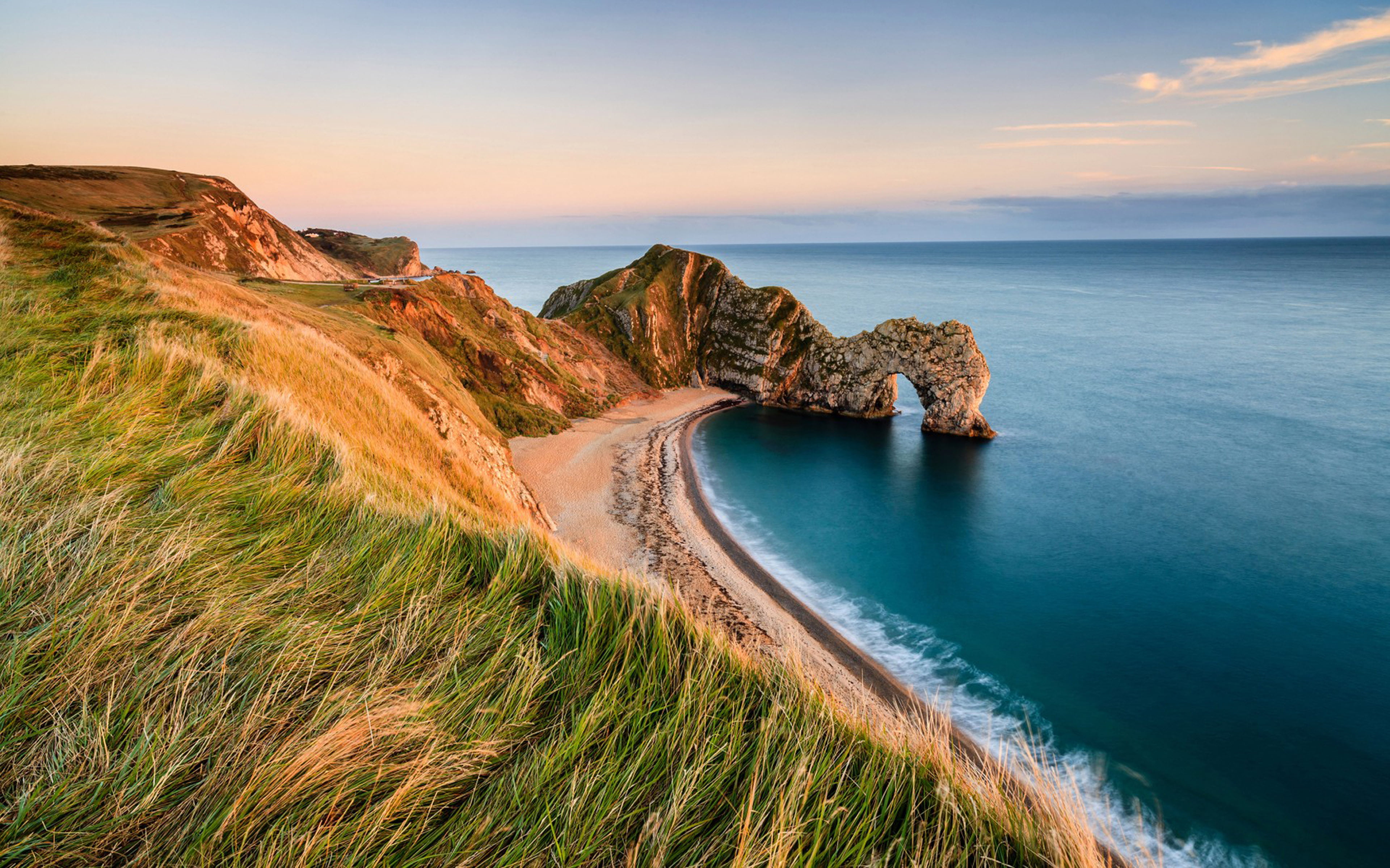 lulworth, environment, outdoors, 4K, tranquil scene, rock, tranquility, beauty in nature, sunset, bay, door, england, nature, rock - object, water, beach, HD Wallpaper