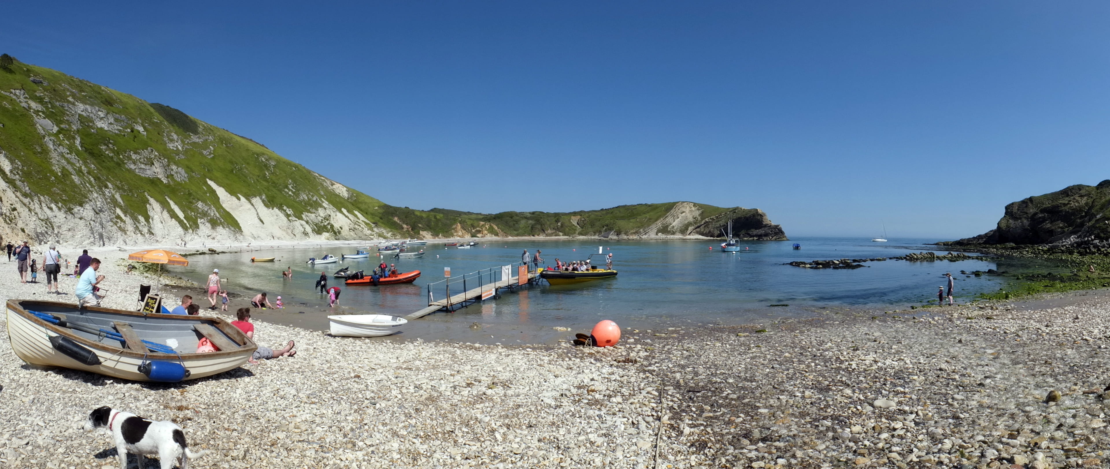 beach, transportation, land, moored, boat, mode of transportation, jetty, scenics - nature, lulworth, trip, tourist, day, vacations, sea, sky, bay, united kingdom, HD Wallpaper