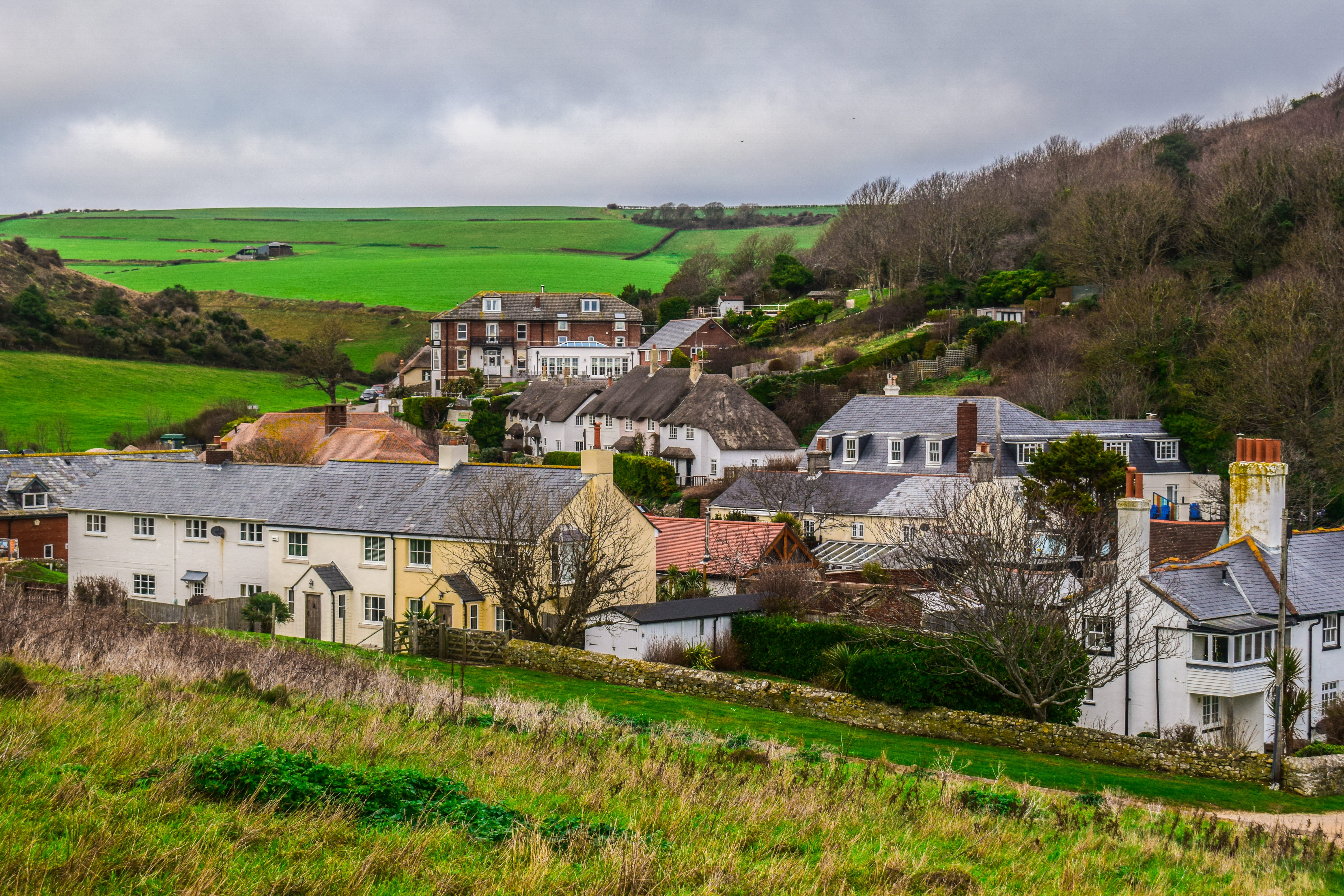 day, green color, building, outdoors, travel, traditional, environment, sky, architecture, cloud - sky, houses, residential district, field, landscape, HD Wallpaper