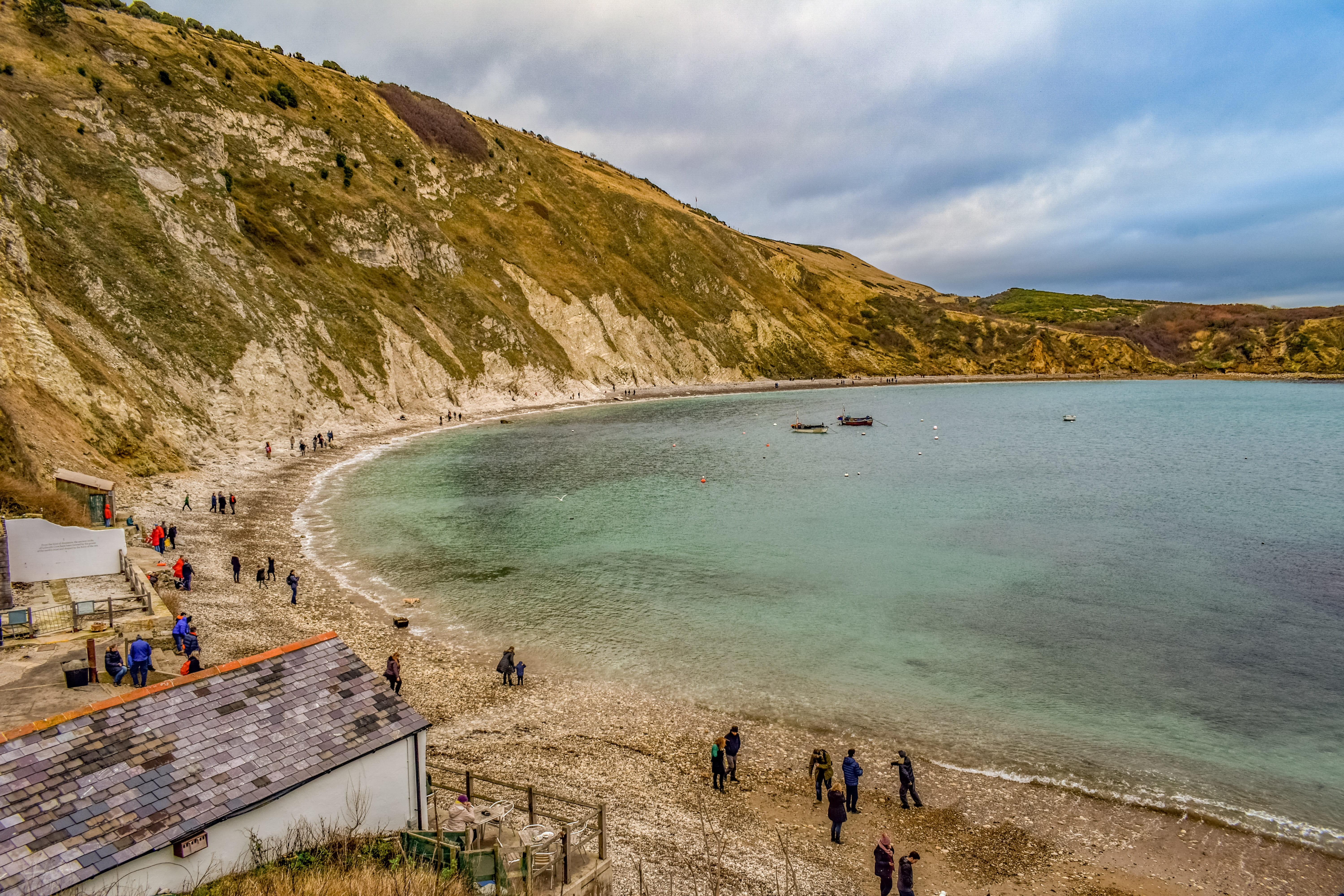 bay, horizon, travel, clouds, england, lulworth cove, real people, mountain, beauty in nature, land, united kingdom, serenity, leisure activity, holiday, HD Wallpaper