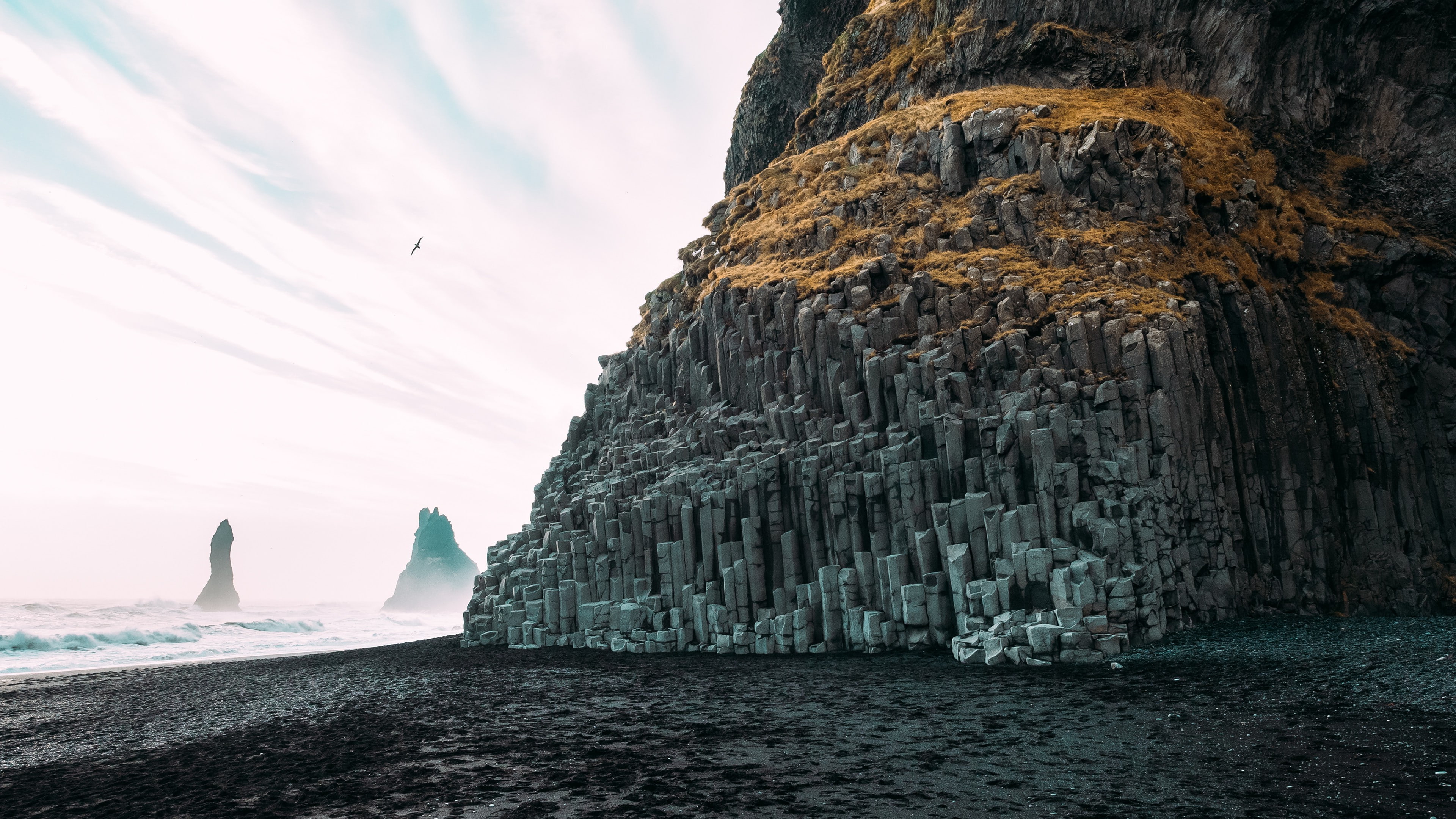 Iceland, Reynisfjara, waves, landscape, Rock Formation, beach, 4K, Coast, sea, cliff, rock, HD Wallpaper