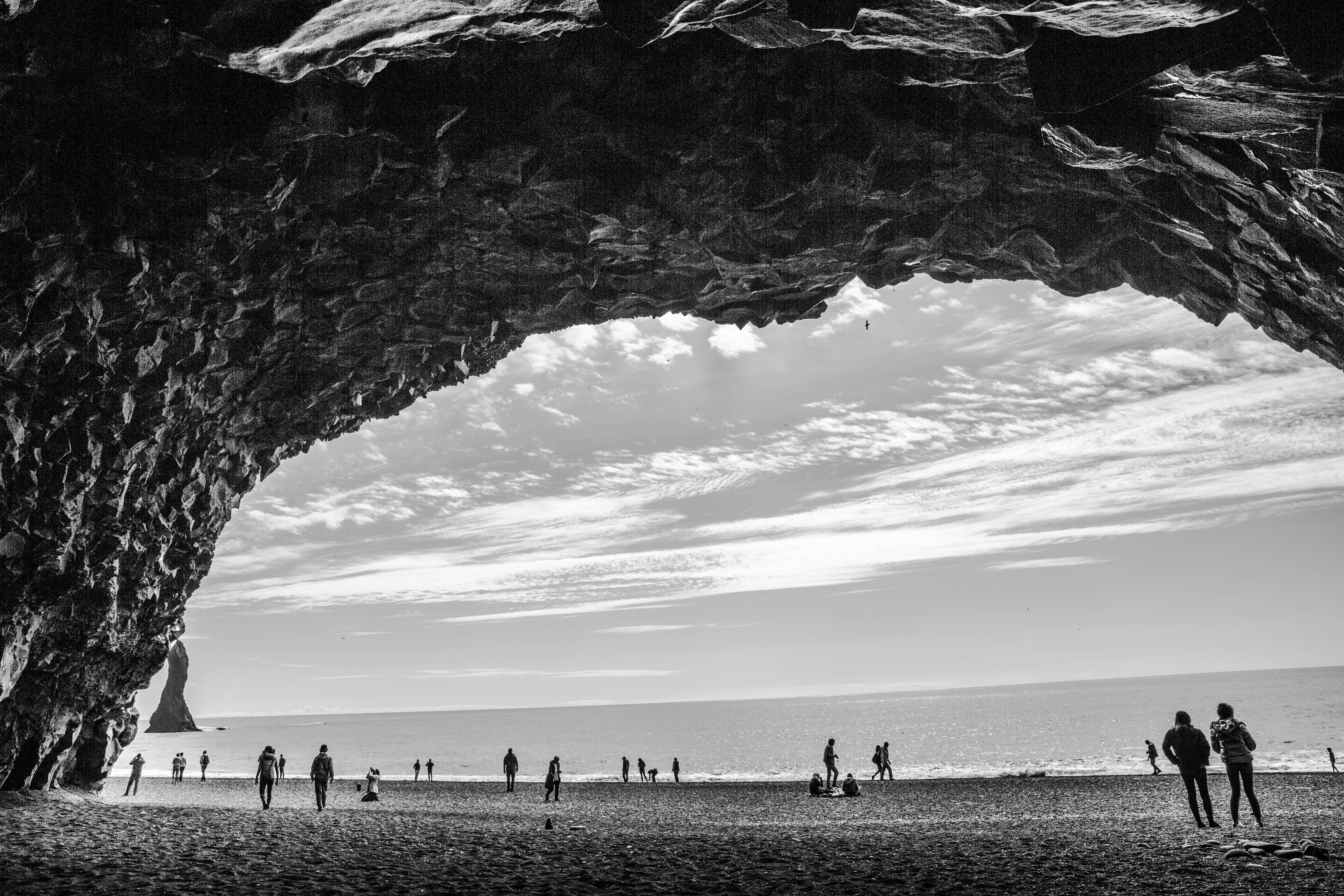 rock, holiday, water, black, reynisfjara beach, outdoors, iceland, group of people, day, cloud - sky, crowd, sea, trip, horizon over water, nature, horizon, HD Wallpaper