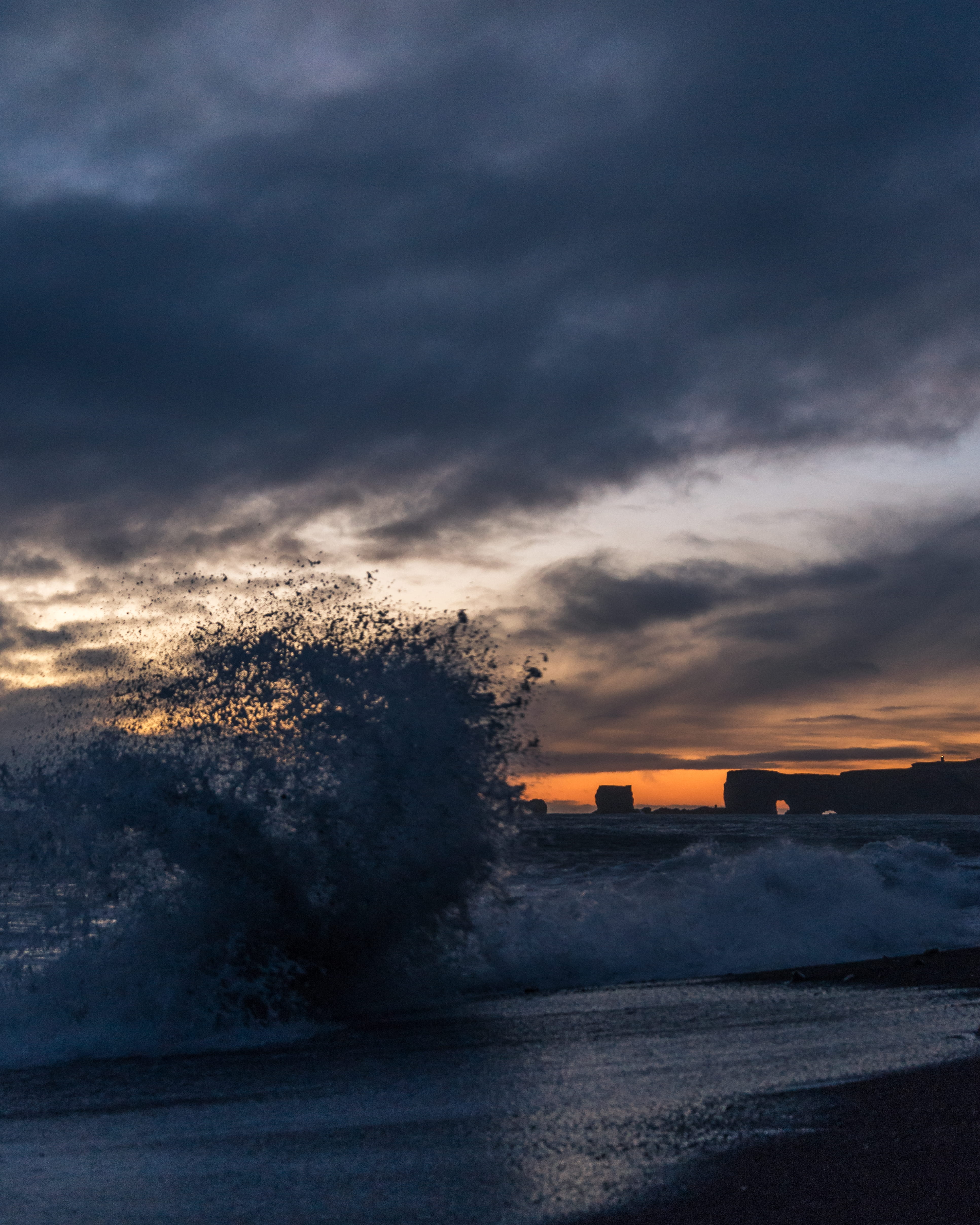 reynisfjara, sunset, sand, red sky, dawn, outdoors, flare, light, tranquility, tranquil scene, seawaves, nature, beauty in nature, ocean, iceland, sky, Phone HD Wallpaper