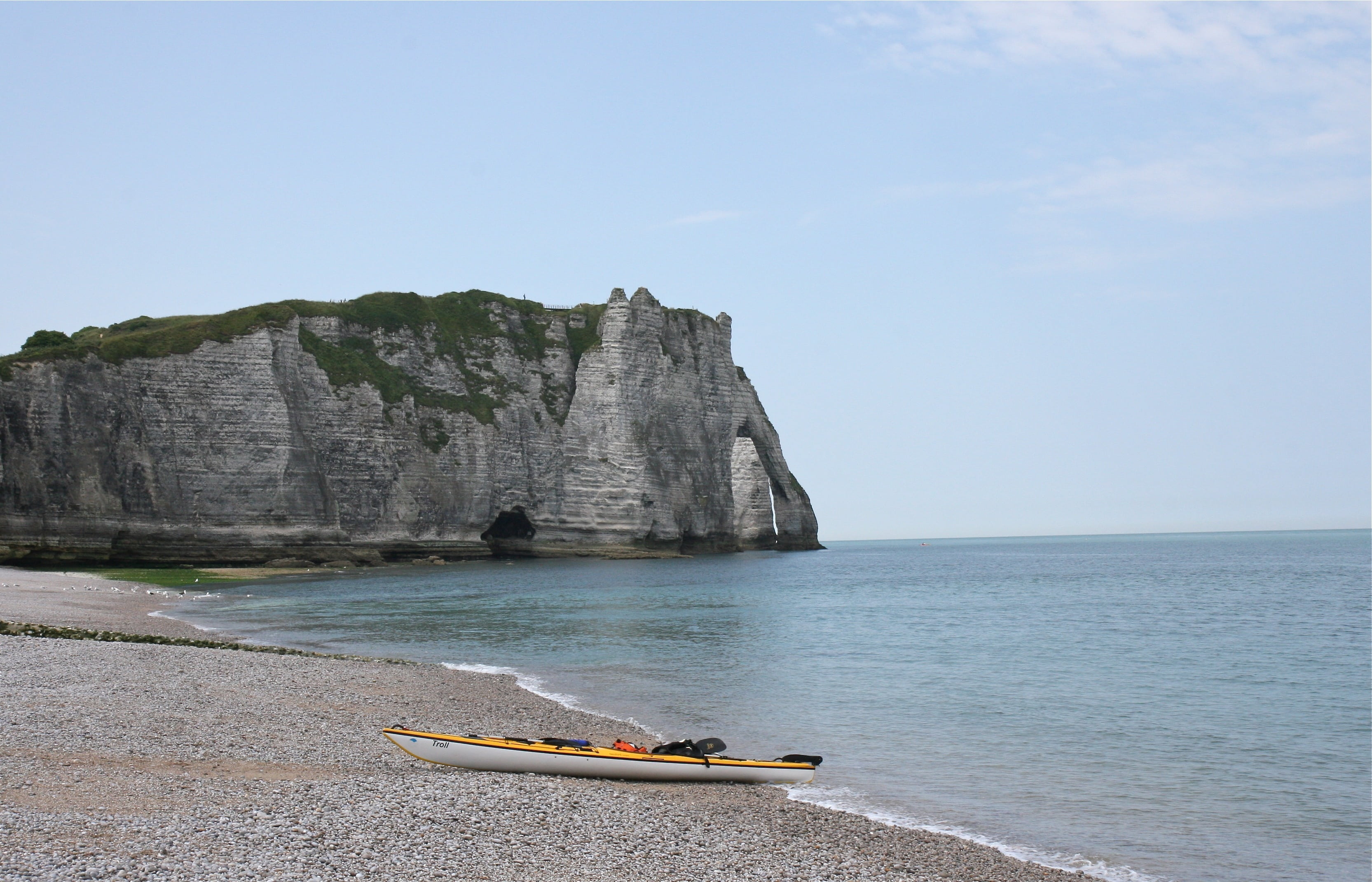 sky, outdoors, sea, vacations, land, coast, boat, summer, etretat, coastline, kajak, scenics - nature, nautical Vessel, mountain, day, rock formation, cliff, HD Wallpaper