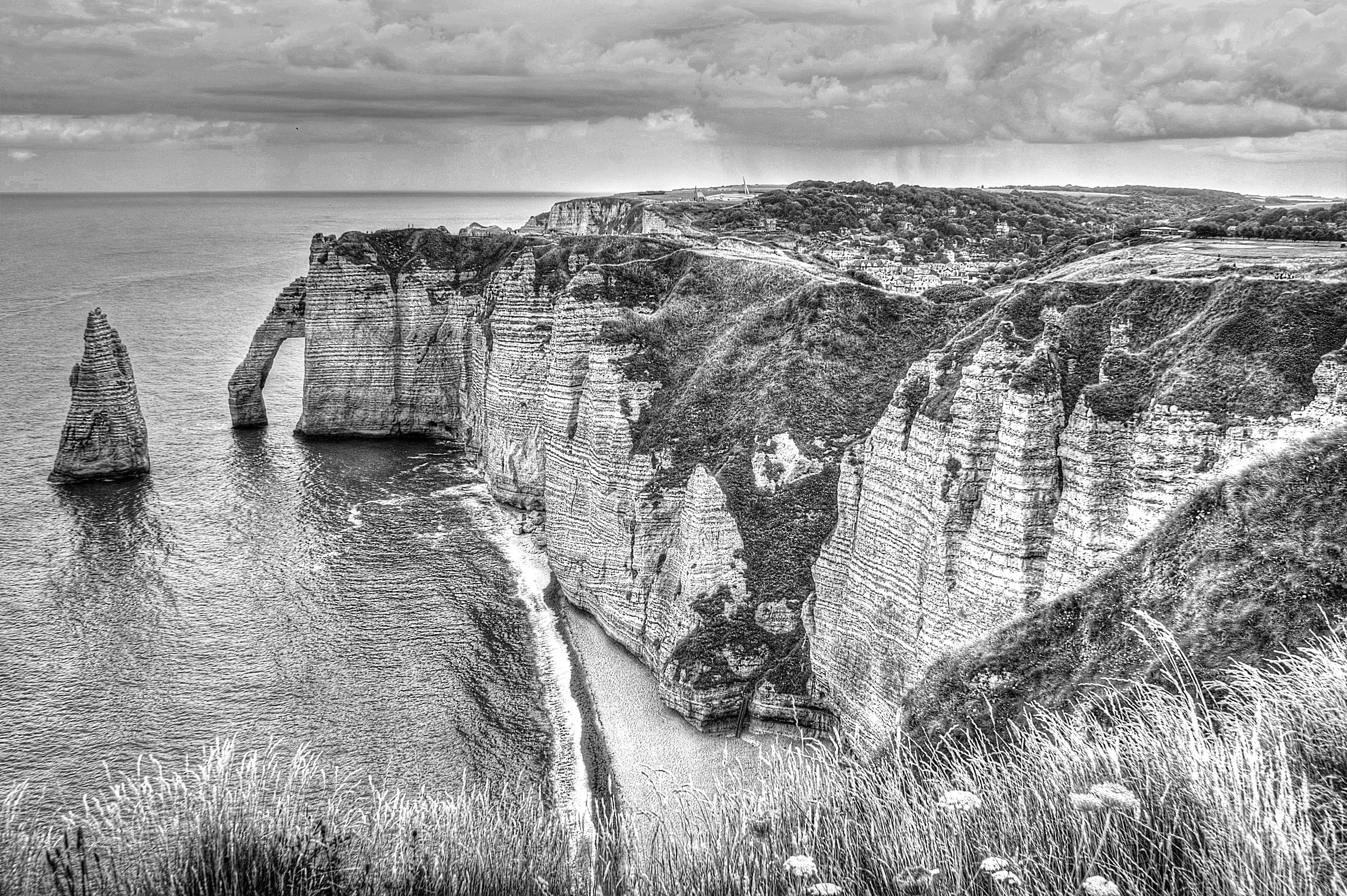 france, stone arch, limestone, architecture, sky, nature, beach, water, mecca, rock, tourism, roche, cloud - sky, no people, land, Etretat, White, maneporte, HD Wallpaper
