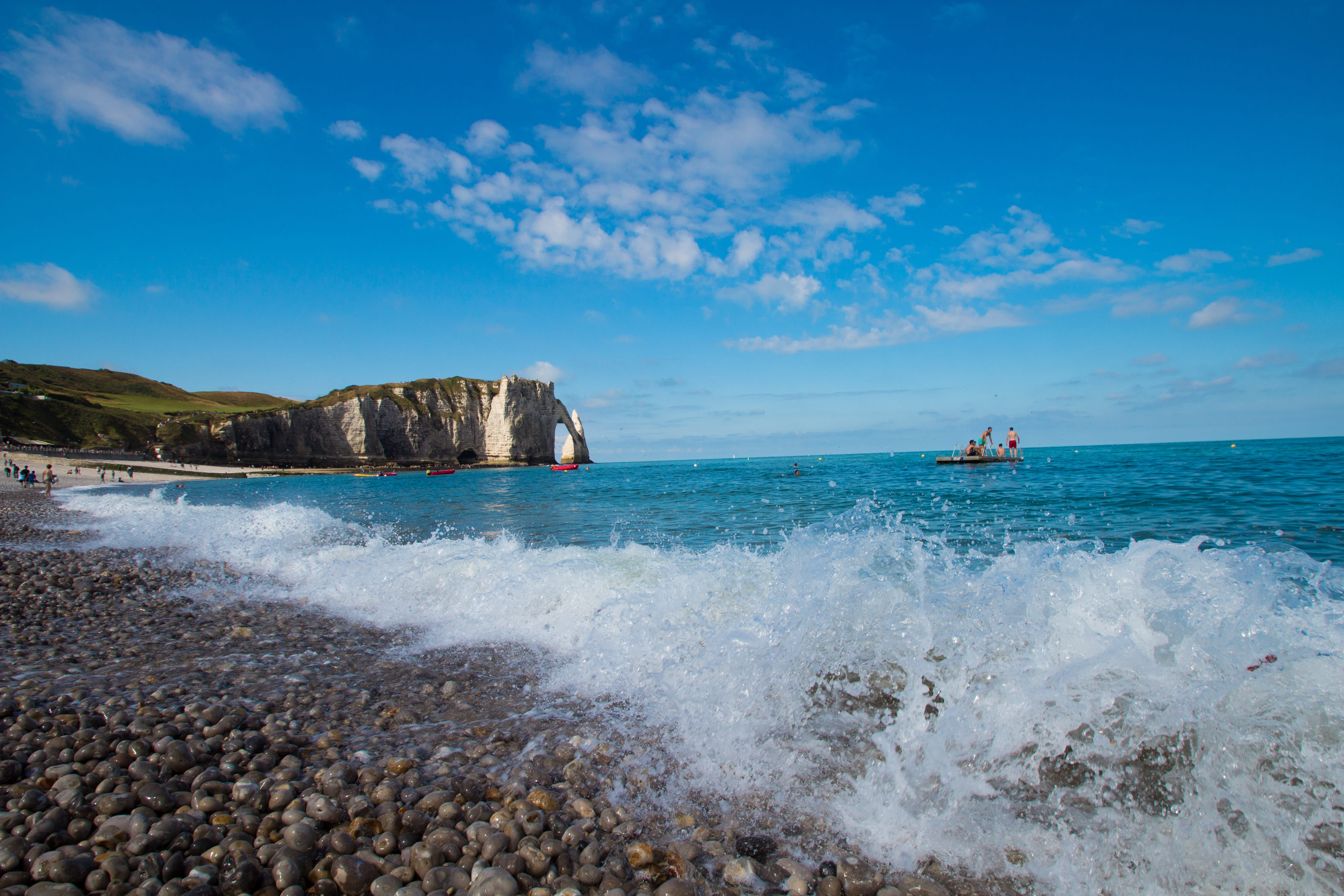 flower, fischer, nature, rock - object, port, land, etretat, france, normandy, sky, sea, beauty in nature, beach, cliffs, rocky coast, abyss, water, outdoors, HD Wallpaper