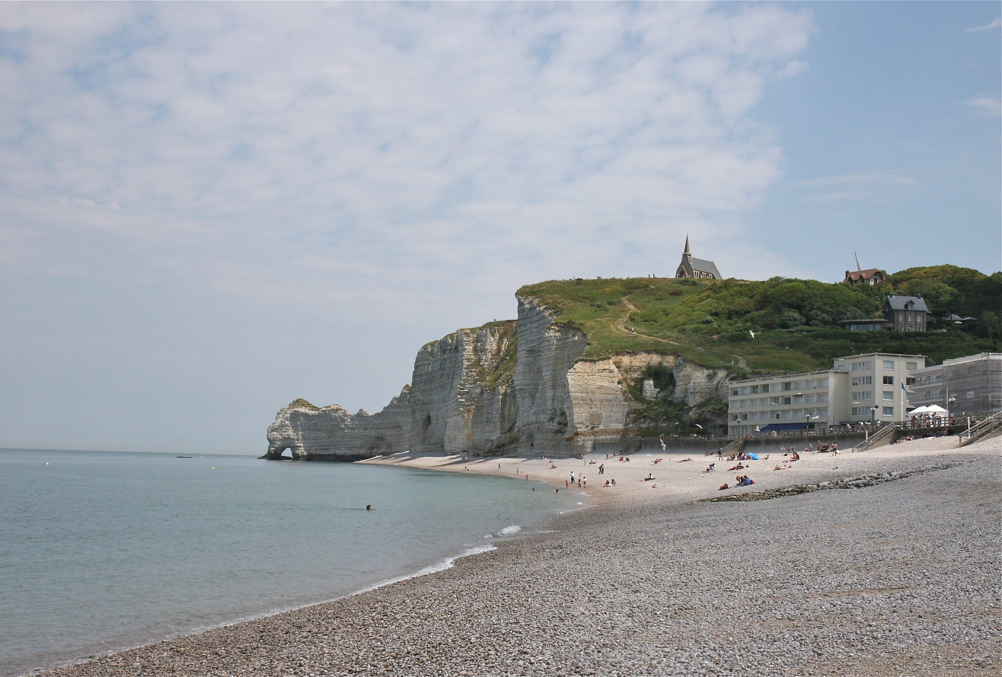 building, travel destinations, building exterior, beach, ocean, sky, france, outdoors, land, no people, coast, day, horizon, sea, scenics - nature, etretat, HD Wallpaper