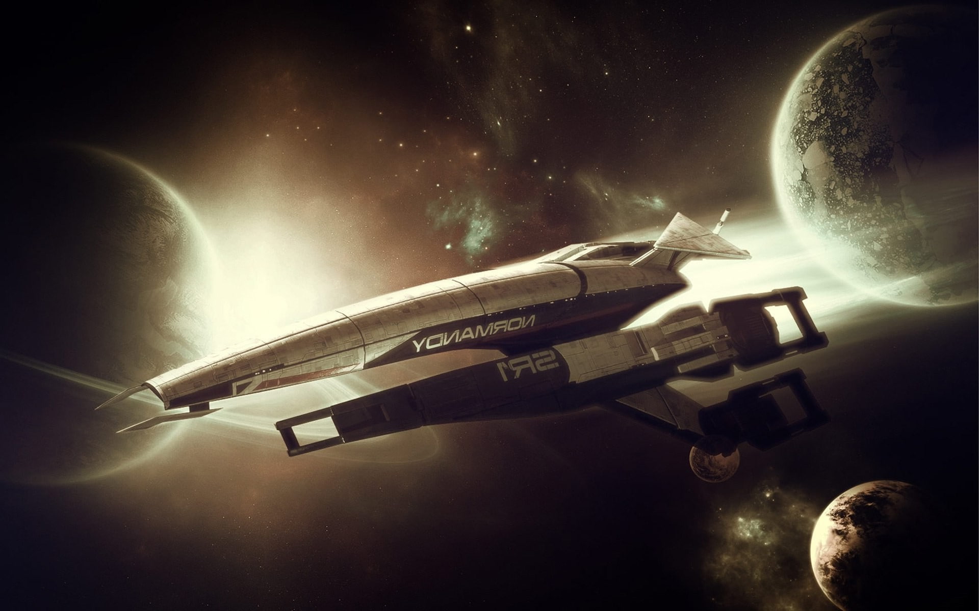 airplane, flying, weapon, normandy Sr 1, transportation, planet - space, air vehicle, spaceship, space, 1080P, Space Station, military, moonlight, nature, HD Wallpaper