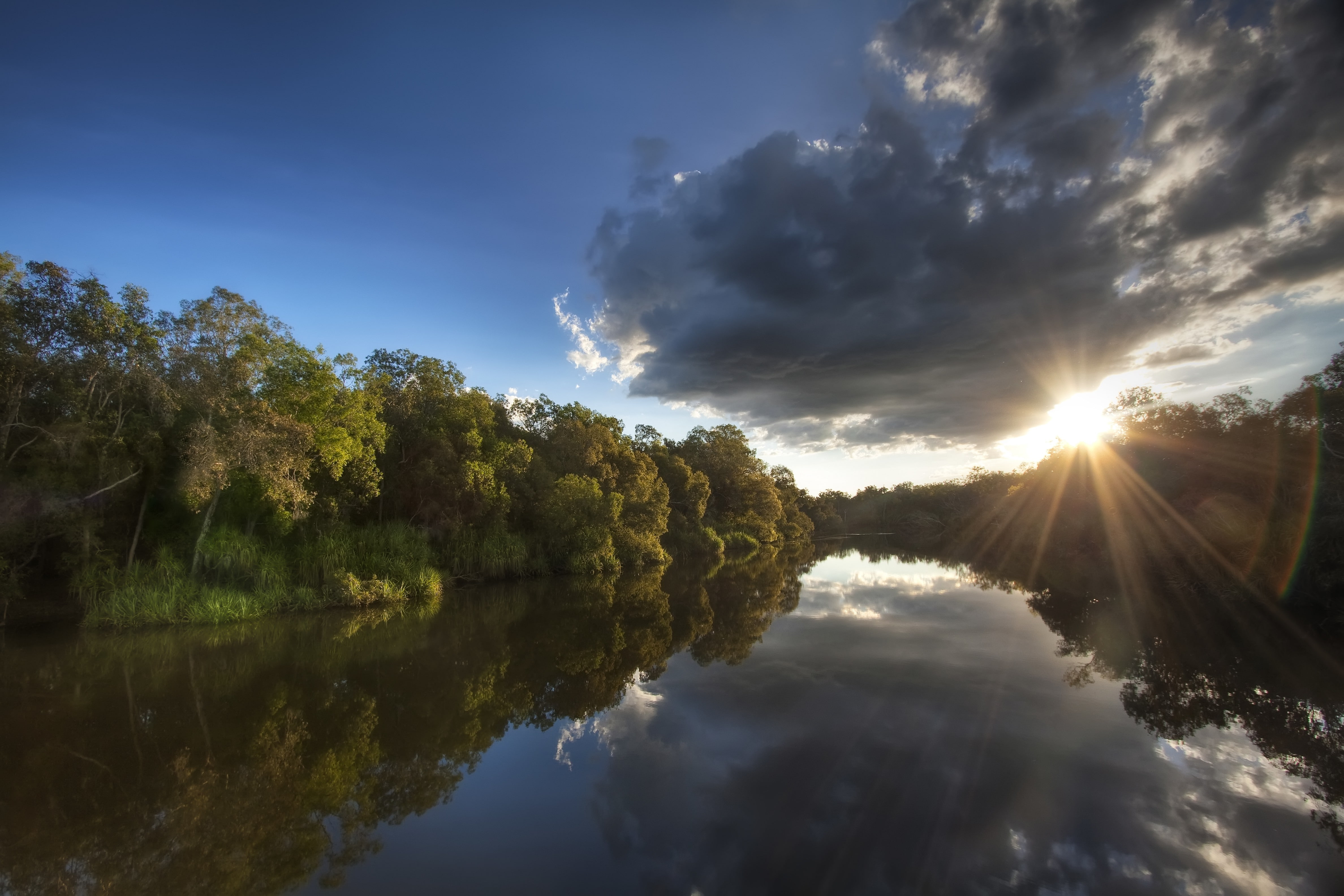 beach, park, Australia, morning, sky, rays, National Park, river, national, clouds, reflection, forest, 4K, sun, trees, HD Wallpaper