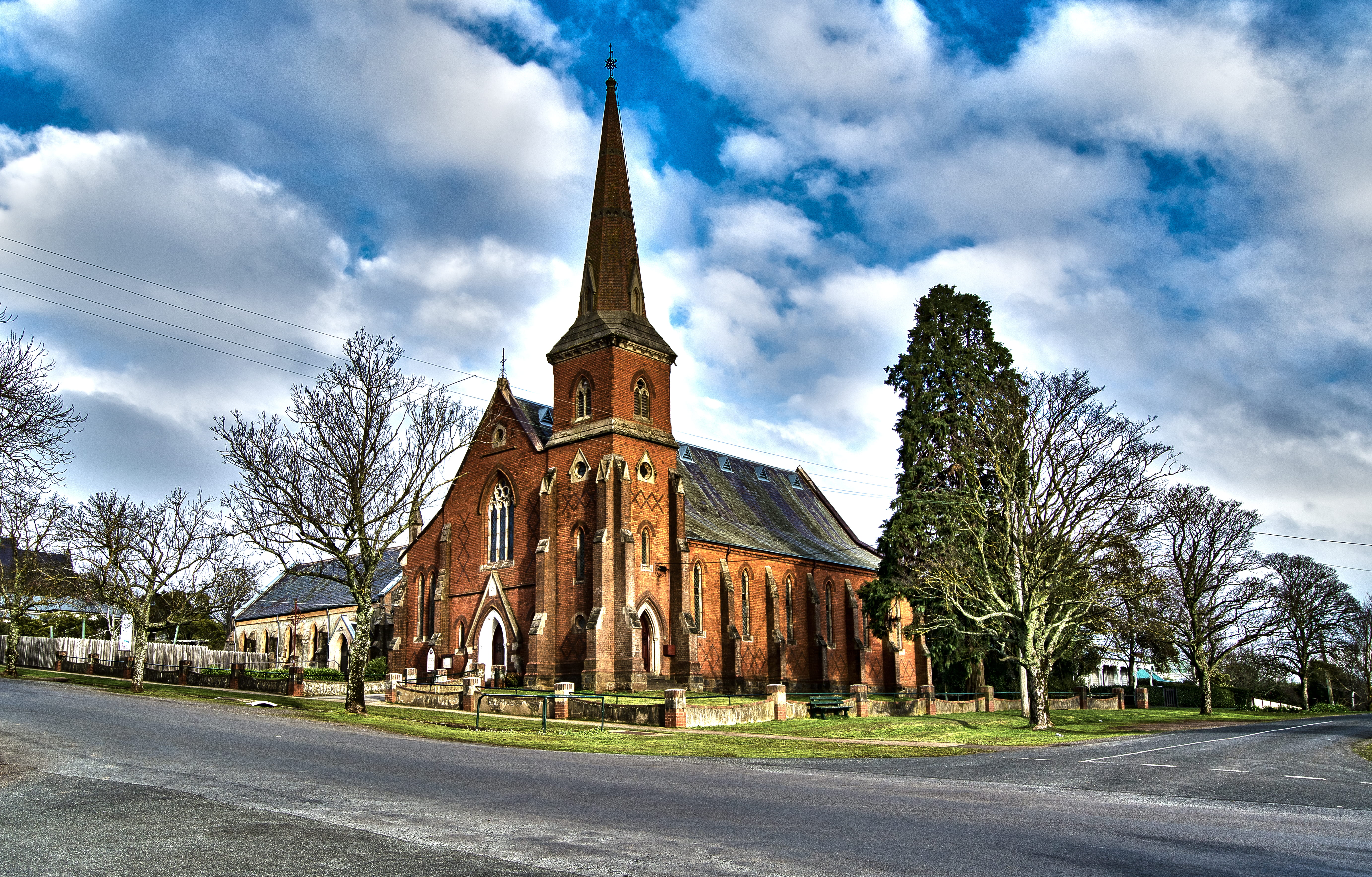 nature, tree, daylesford, building exterior, the past, history, road, no people, travel destinations, winter, religion, country town, spire, cloud - sky, HD Wallpaper