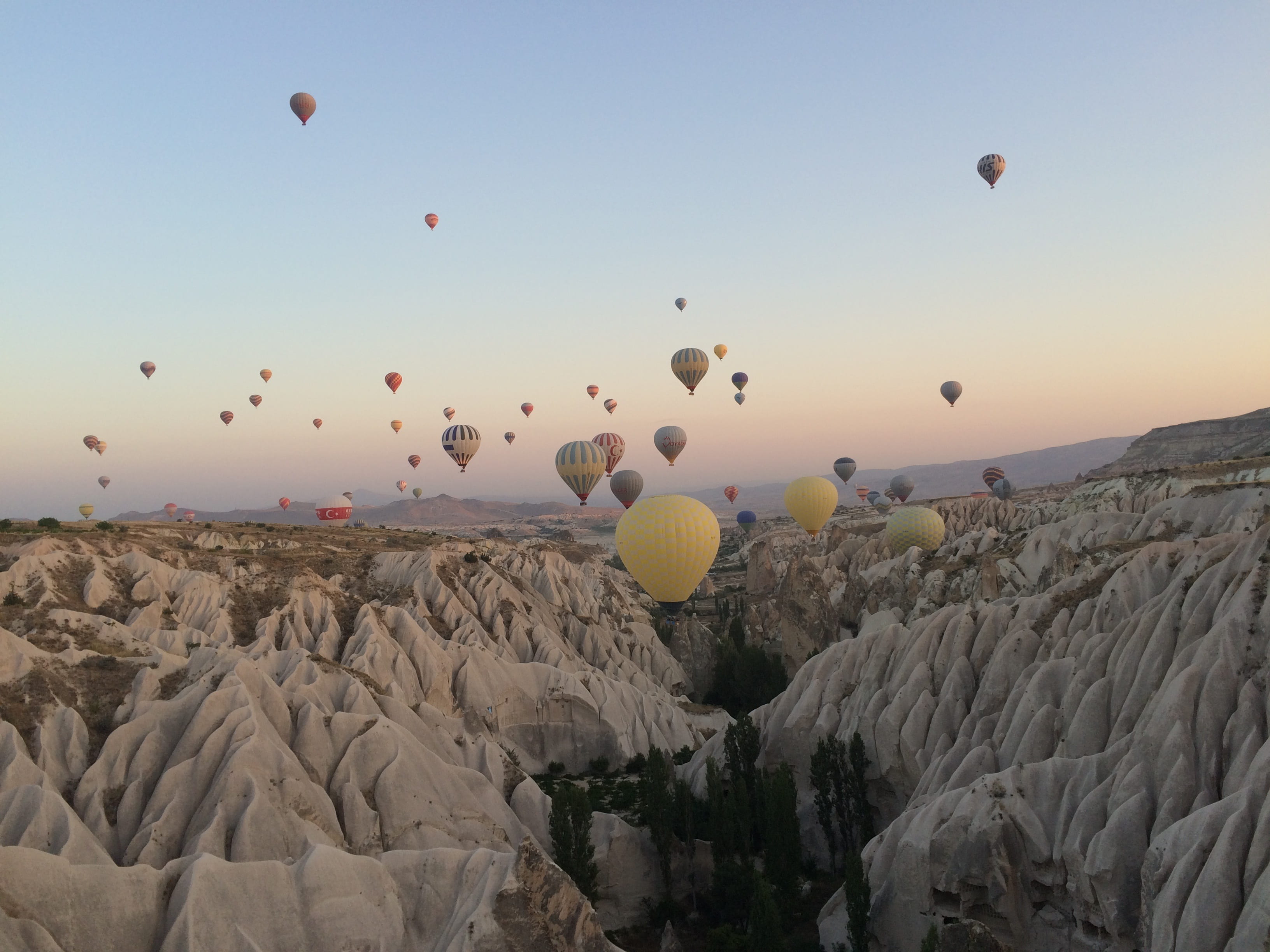 mode of transportation, ballooning festival, cappadocia, flying, hot air balloon, large group of objects, white, no people, hot, travel, rock - object, HD Wallpaper