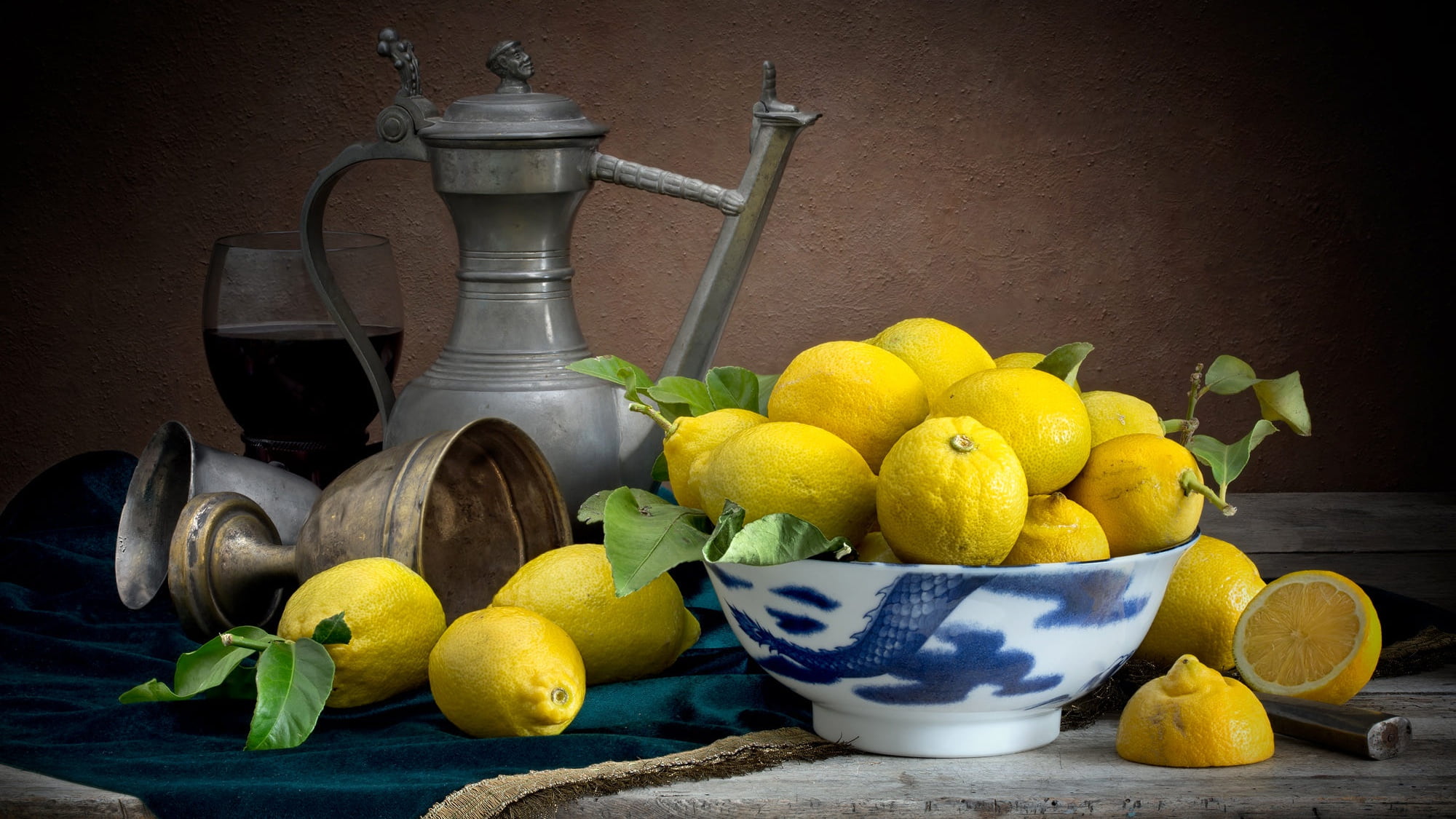 food, lemons, dishes, fruit, composition, pitcher, the dark background, still life, 1080P, HD Wallpaper