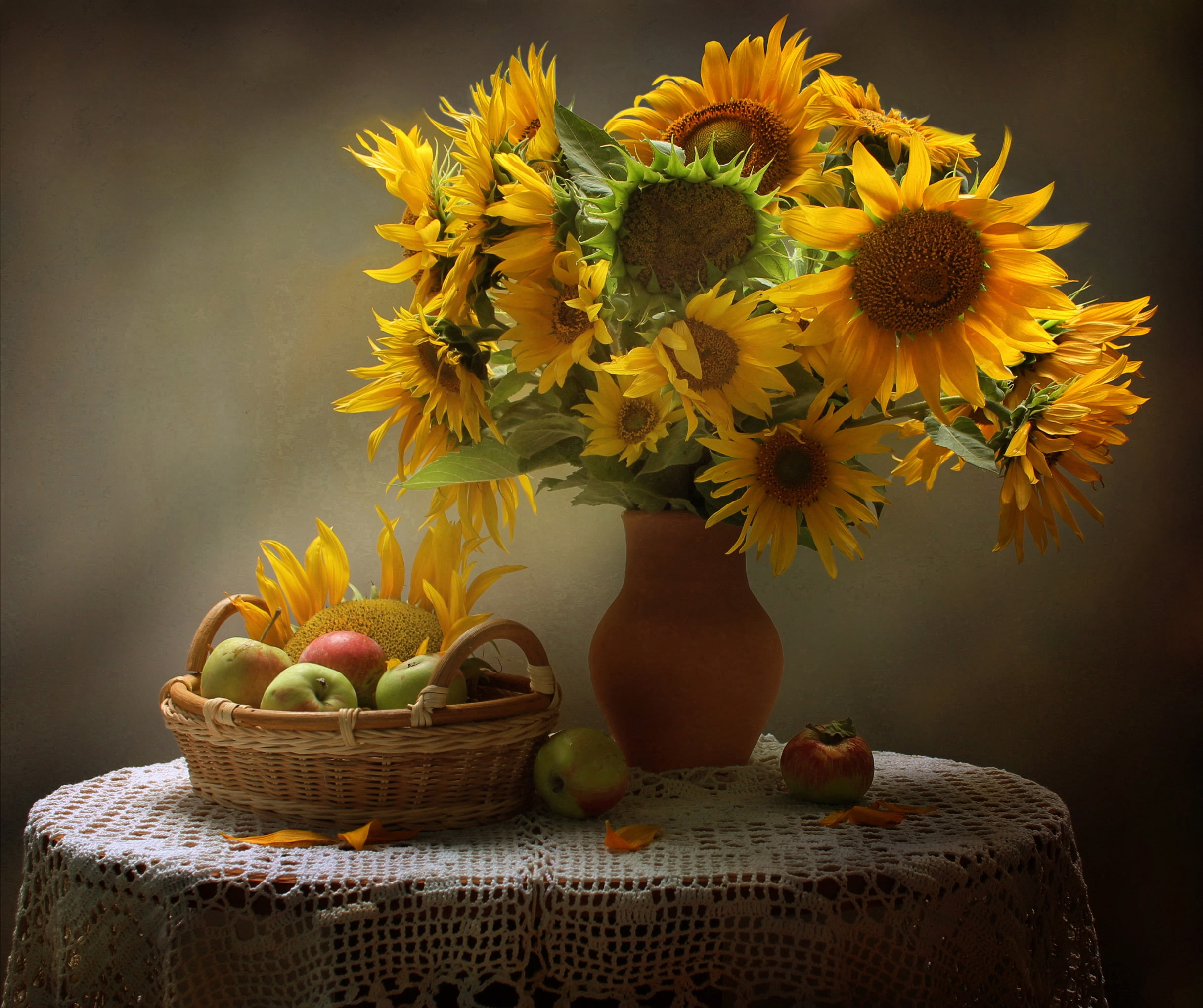 vase, sunflowers, basket, yellow, apples, table, still life, 1080P, tablecloth, HD Wallpaper