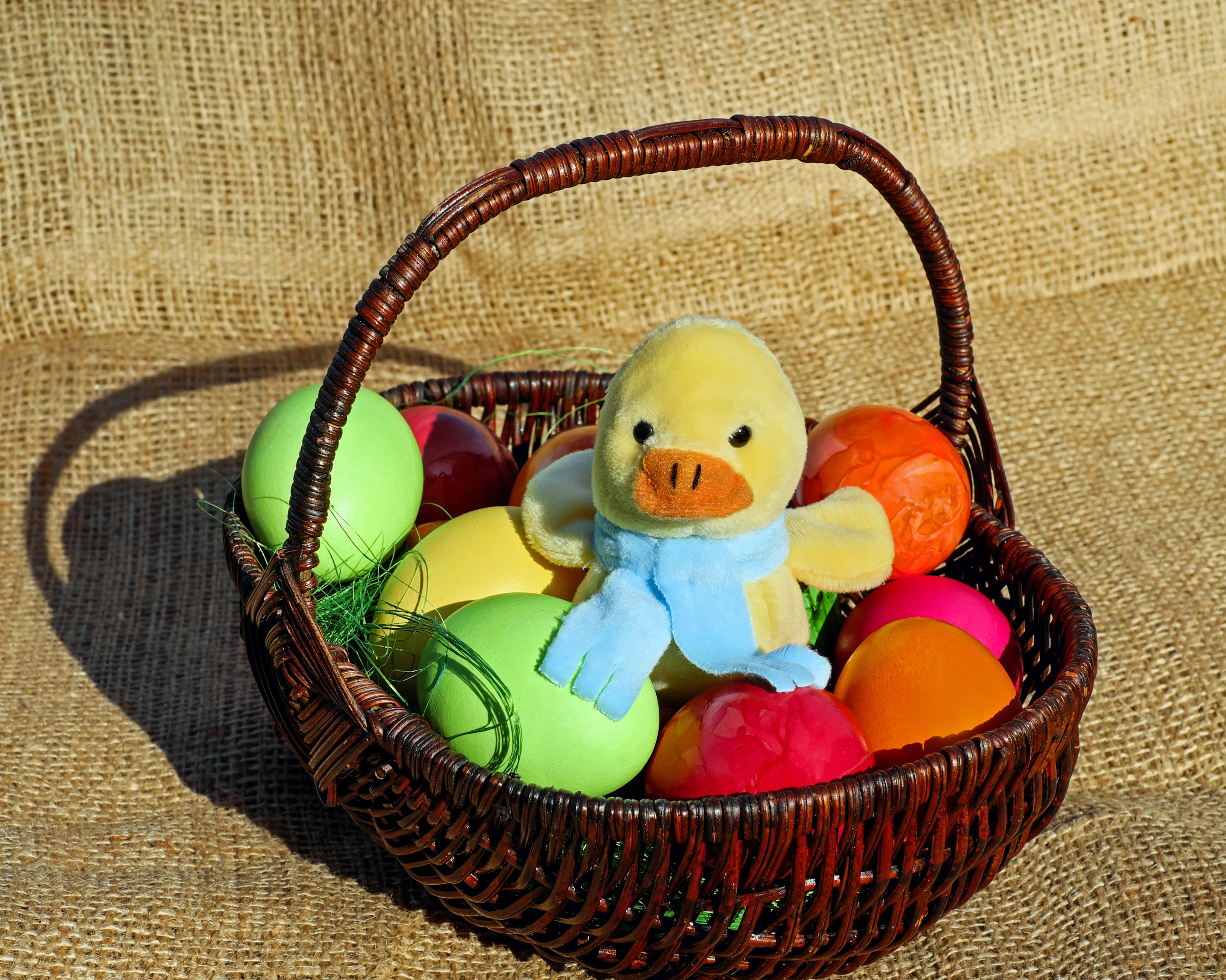 basket, easter egg, no people, holiday, osterkorb, representation, figure, toy, spring, multi colored, healthy eating, egg, easter theme, sitting, easter chick, HD Wallpaper