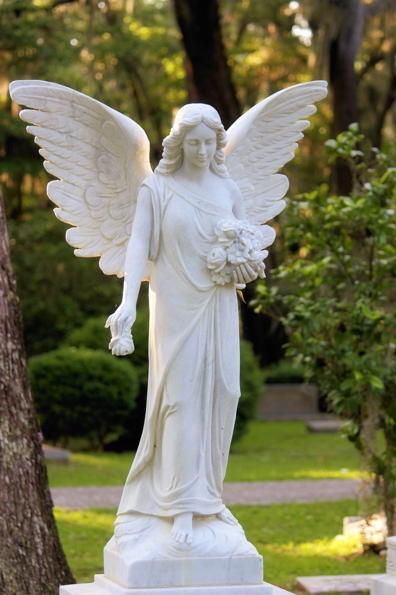 peaceful, spirituality, representation, animal wing, religion, park, belief, wings, grave, religious equipment, garden, no people, female likeness, white color, Phone HD Wallpaper