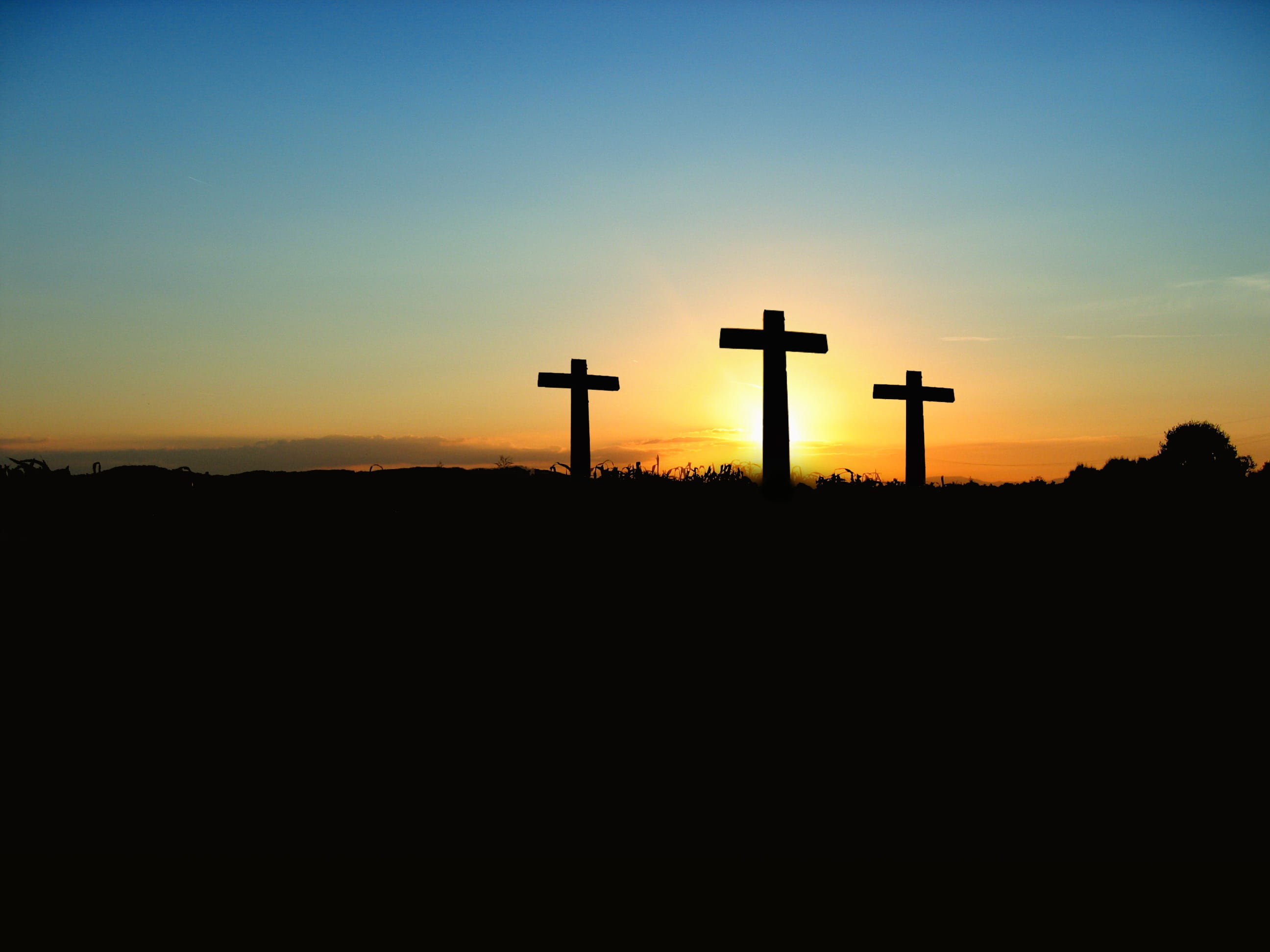 no people, place of worship, symbol, blue, cross shape, dusk, outdoors, belief, sunset, sky, cross, dawn, christianity, tranquil scene, spirituality, crucifix, HD Wallpaper
