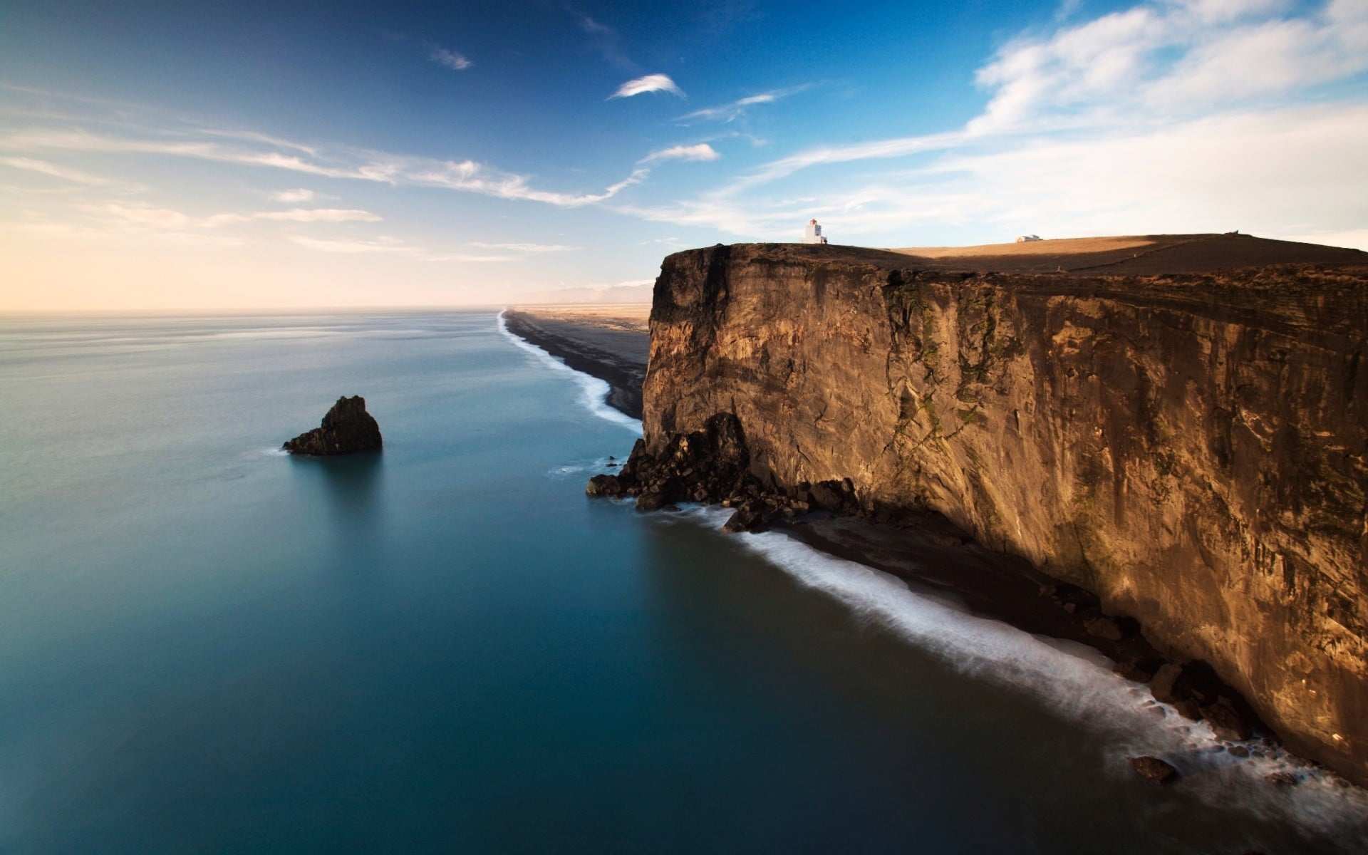 stack rock, no people, tranquility, water, beach, 1080P, rock, landscape, sea, cliff, cloud - sky, beauty in nature, tranquil scene, solid, land, horizon over water, HD Wallpaper