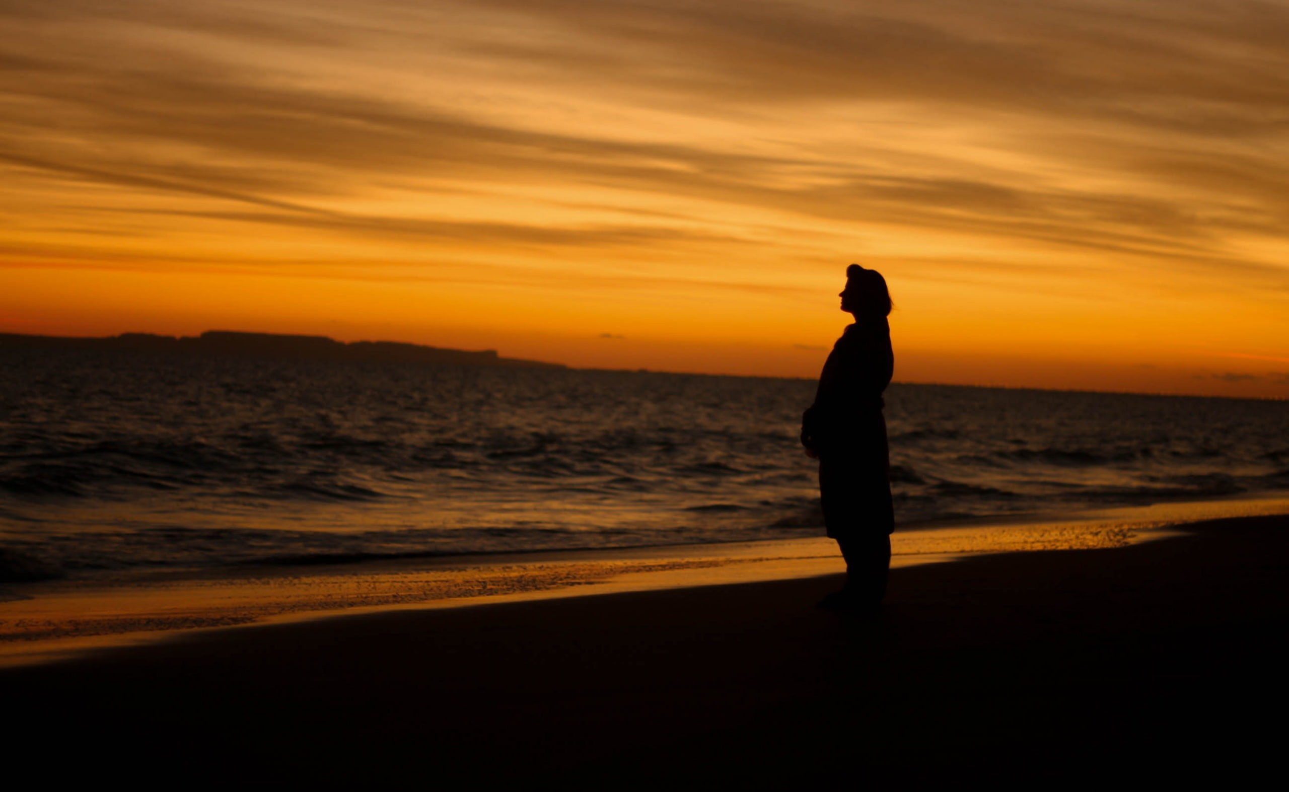 scenics - nature, horizon over water, land, sea, alone, Nature, cloud - sky, water, silhouette, beauty in nature, standing, orange color, girls, beauty, HD Wallpaper