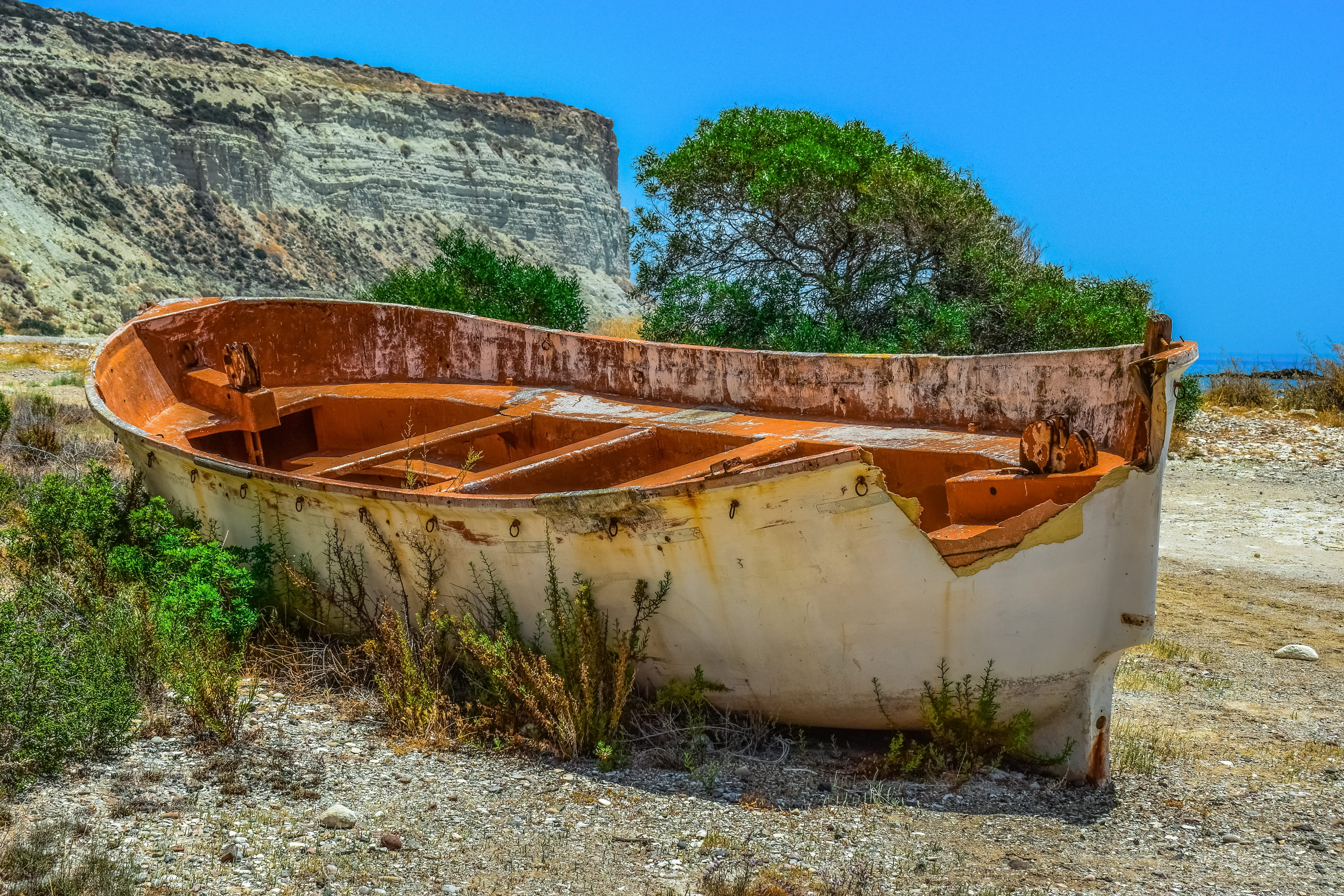 plant, damaged, aged, weathered, scenery, boat, land, outdoors, decline, gray, cyprus, nature, zapalo beach, metal, docked, beach, run-down, obsolete, sky, HD Wallpaper