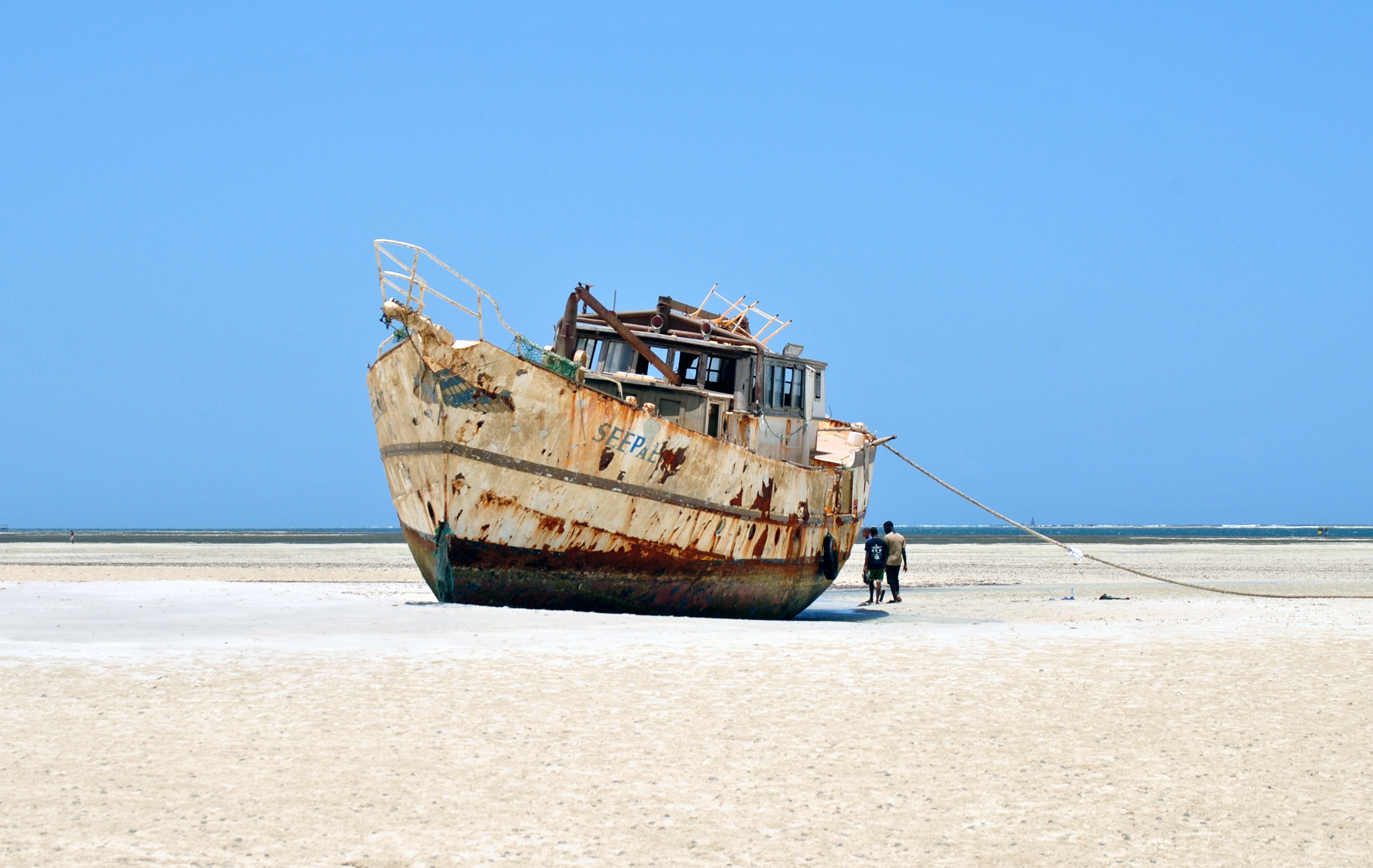 clear sky, day, coast, wreck, photo, copy space, transportation, sinking, rusty, beach, ship, shipwreck, land, sea, abandoned, nautical Vessel, fishing industry, HD Wallpaper